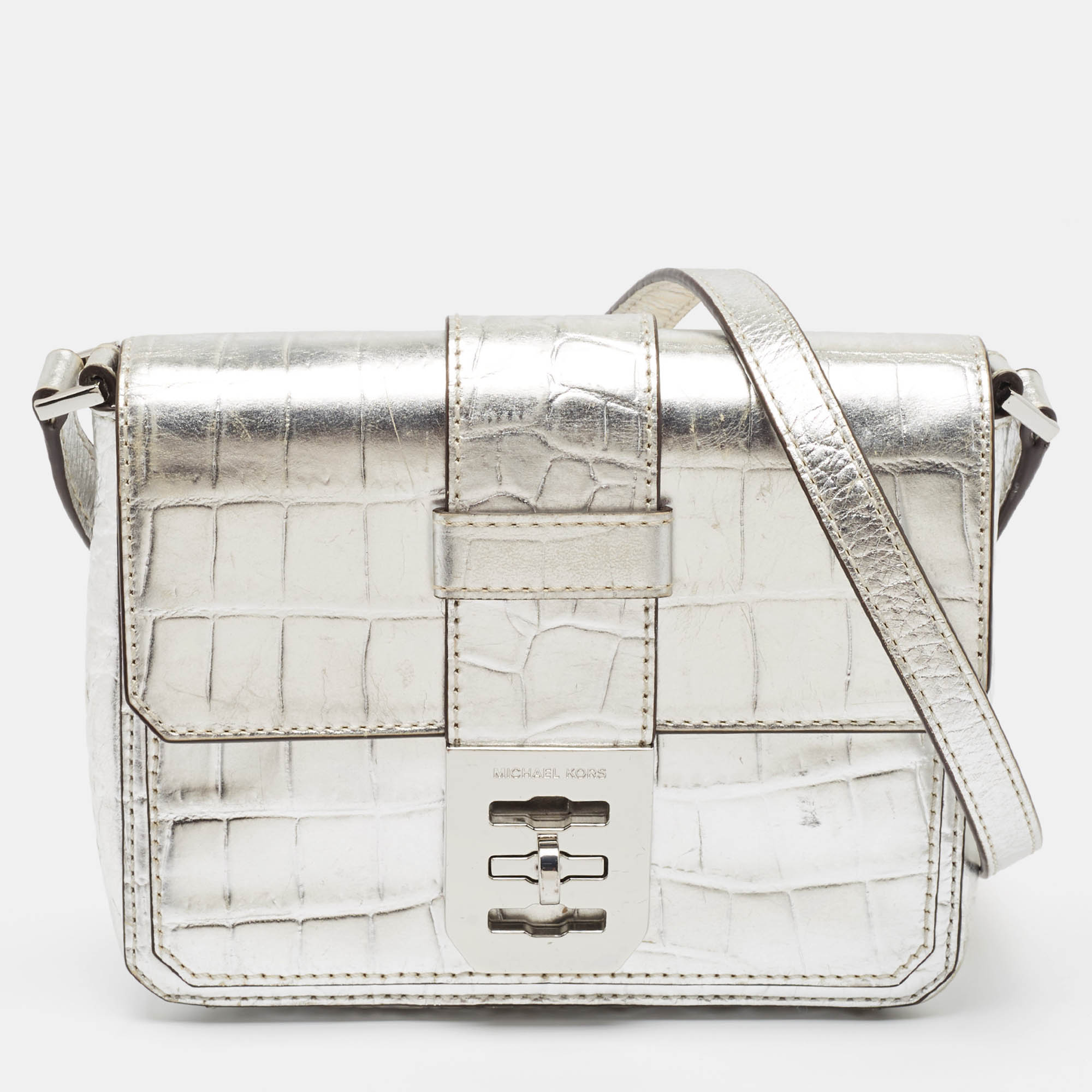 

Michael Kors Silver Croc Embossed Leather Crossbody Bag