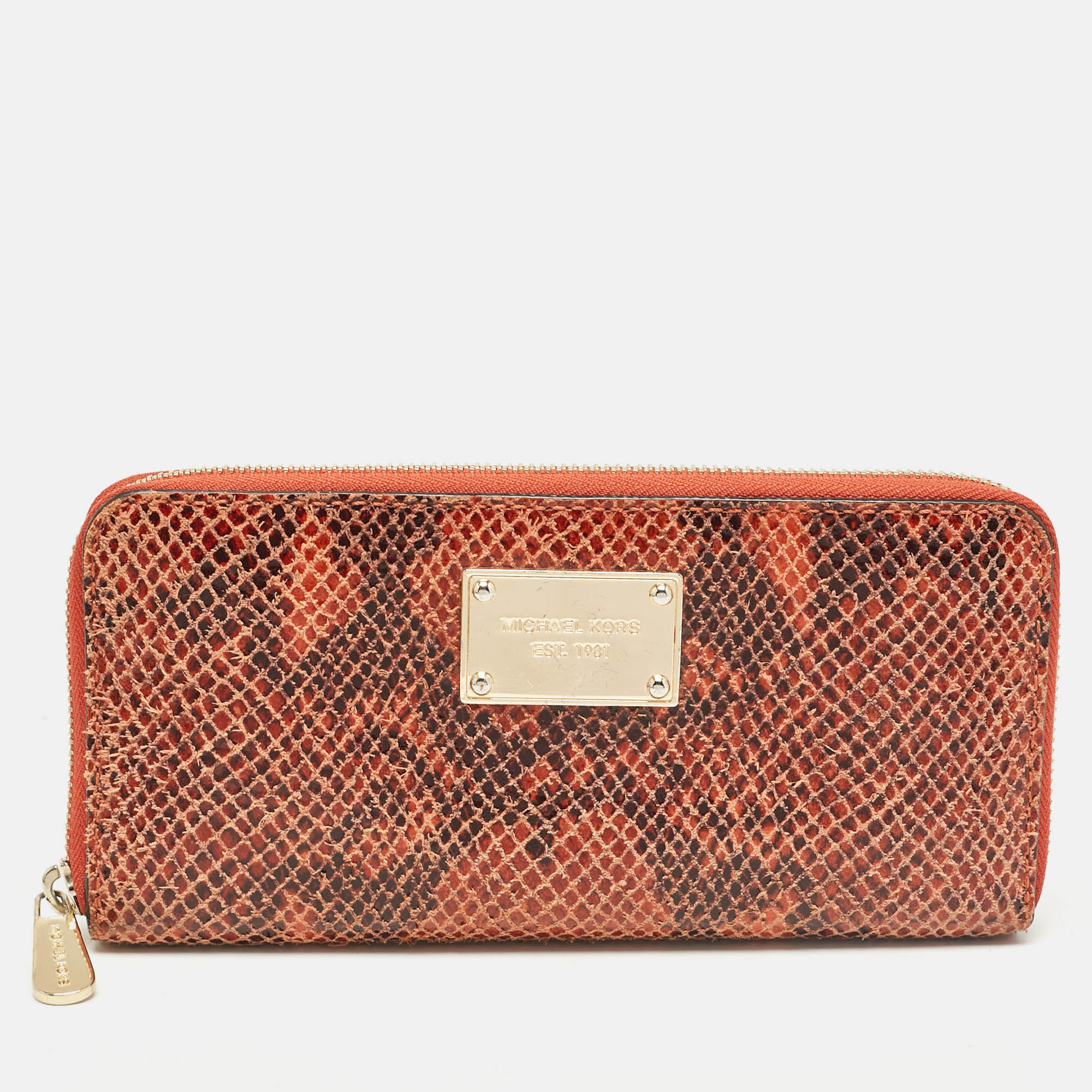 

Michael Kors Orange/Brown Snakeskin Embossed Leather Jet Set Zip Around Wallet