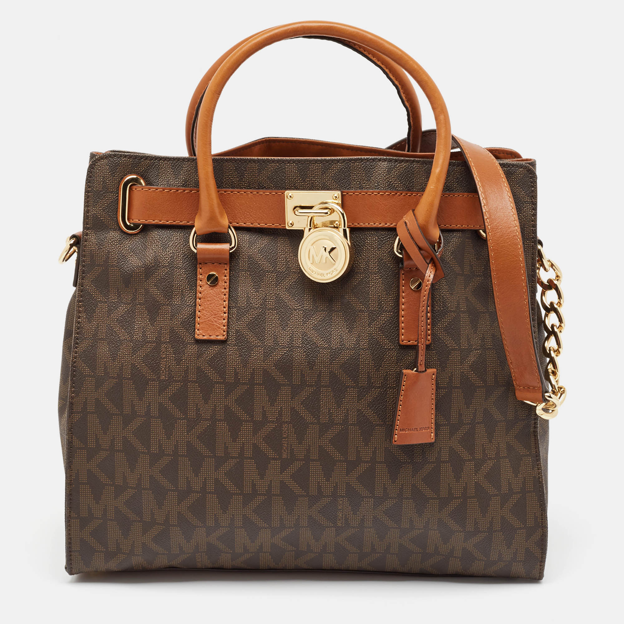 Pre-owned Michael Kors Brown Signature Coated Canvas And Leather Hamilton North South Tote