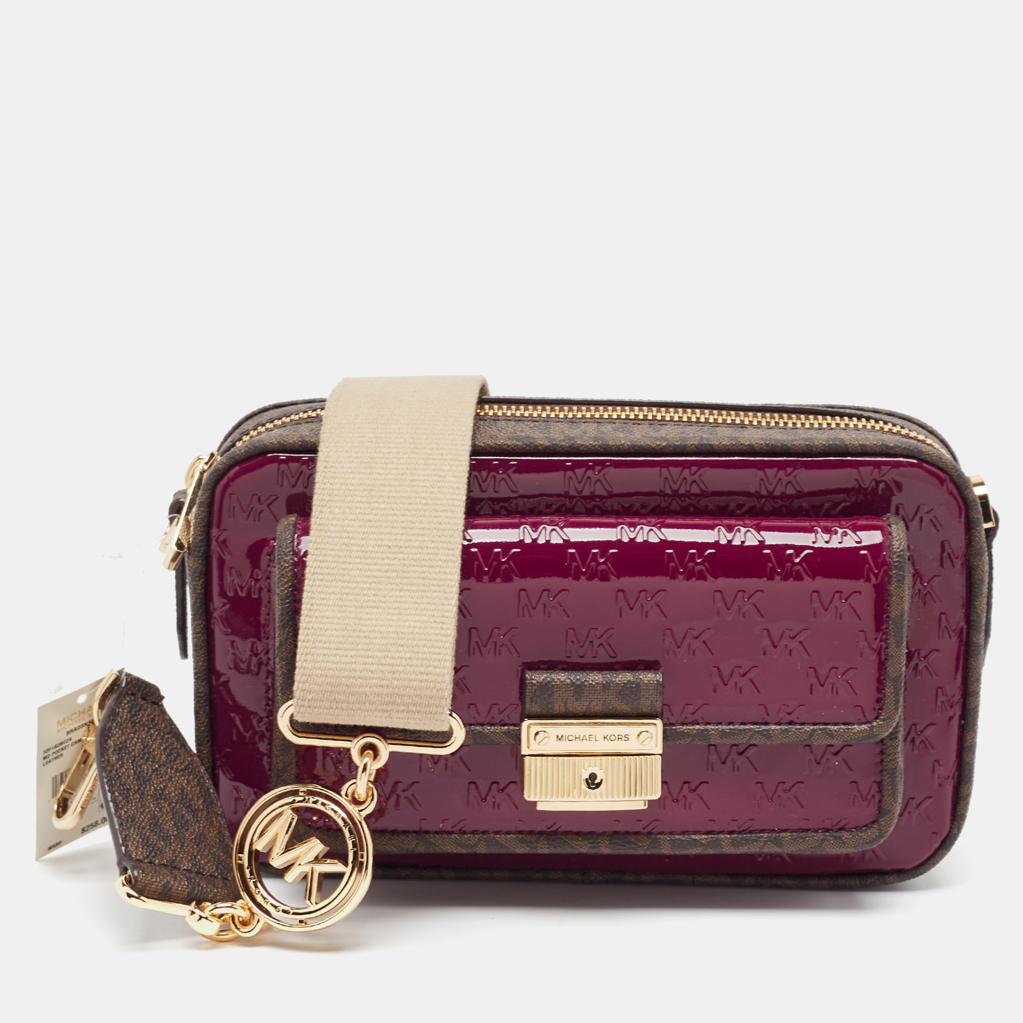 

Michael Kors Burgundy/Brown Signature Coated Canvas and Patent Leather Bradshaw Pocket Camera Crossbody Bag