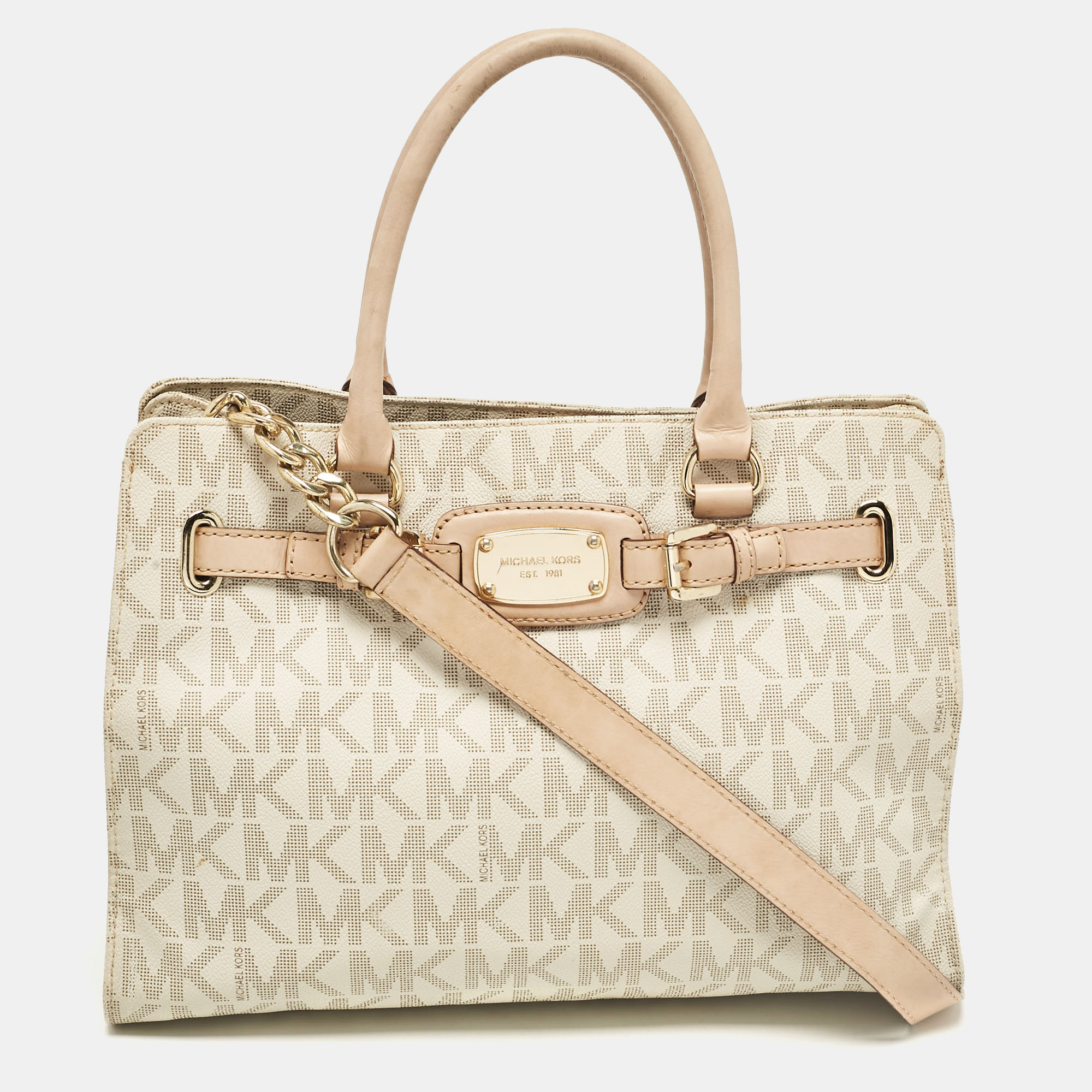 

Michael Kors Beige/Off White Signature Coated Canvas and Leather East/West Hamilton Tote