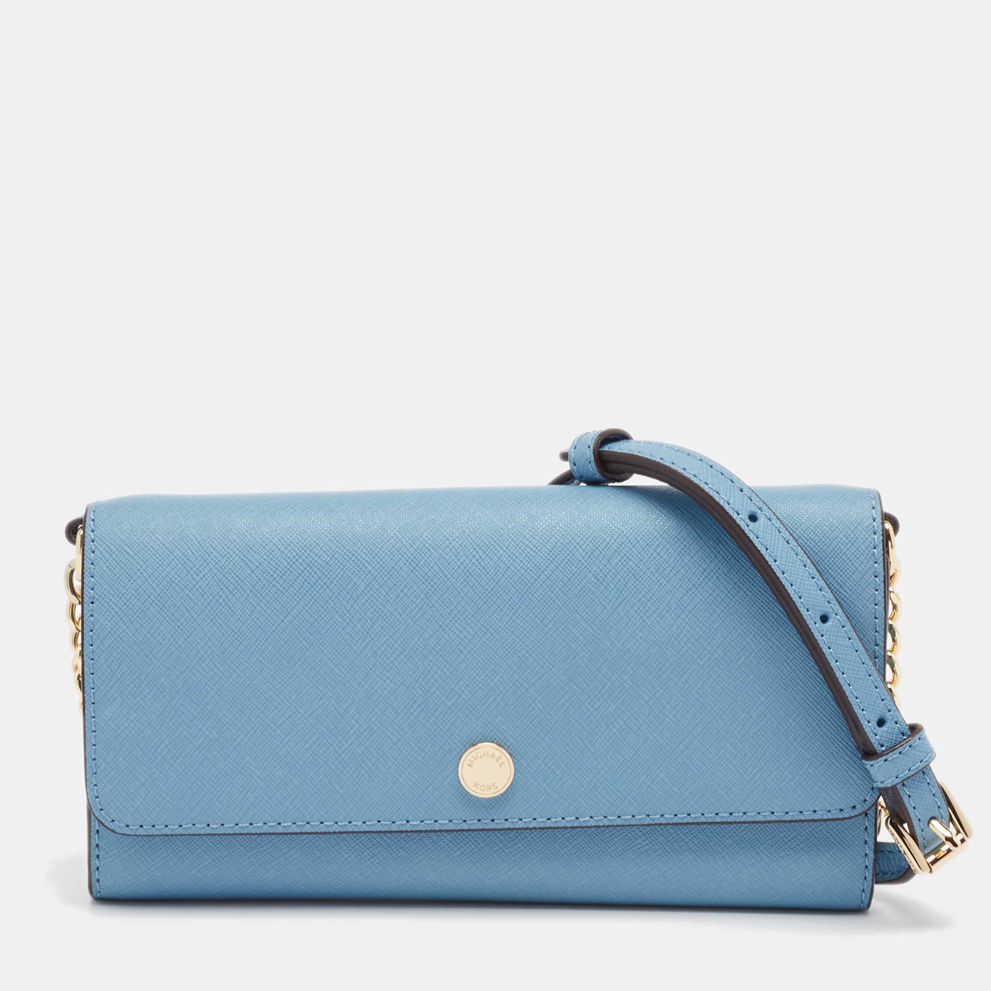 

Michael Kors Light Blue Leather Jet Set Travel Wallet On Chain