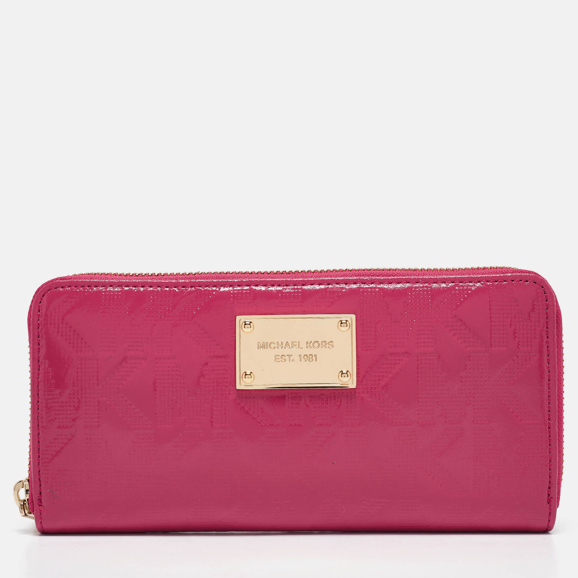 Pre-owned Michael Kors Pink Embossed Patent Leather Zip Continental Wallet