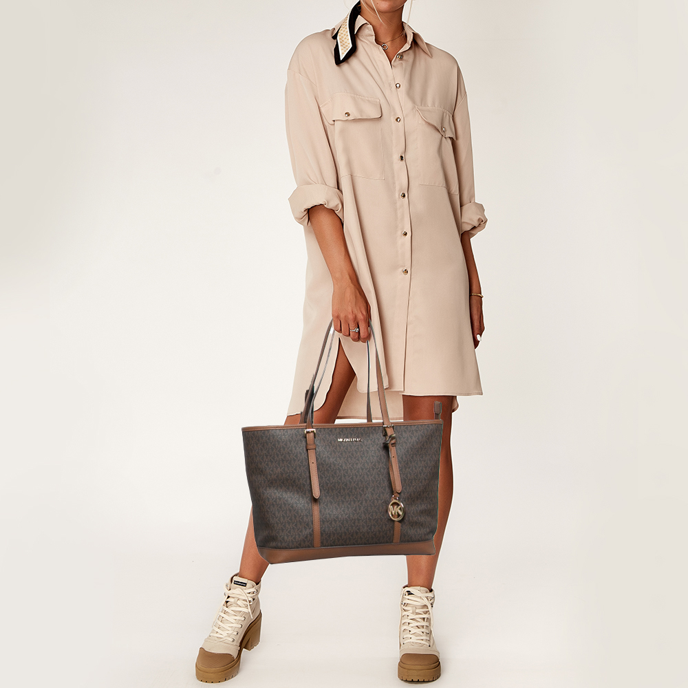 Michael Kors Brown Signature Coated Canvas Jet Set Travel Tote 