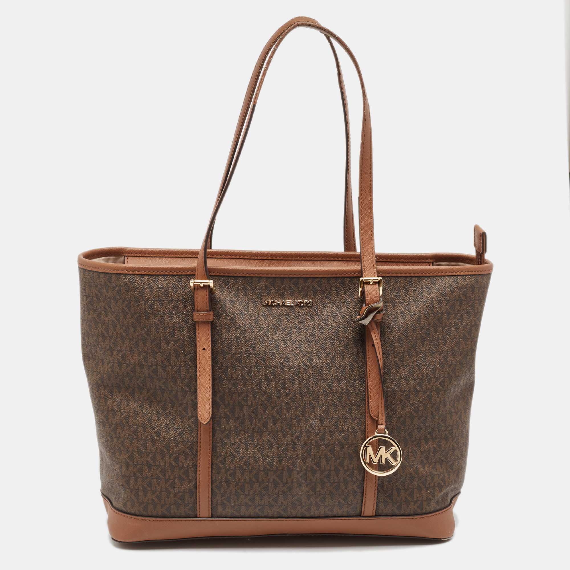 

Michael Kors Brown Signature Coated Canvas Jet Set Travel Tote