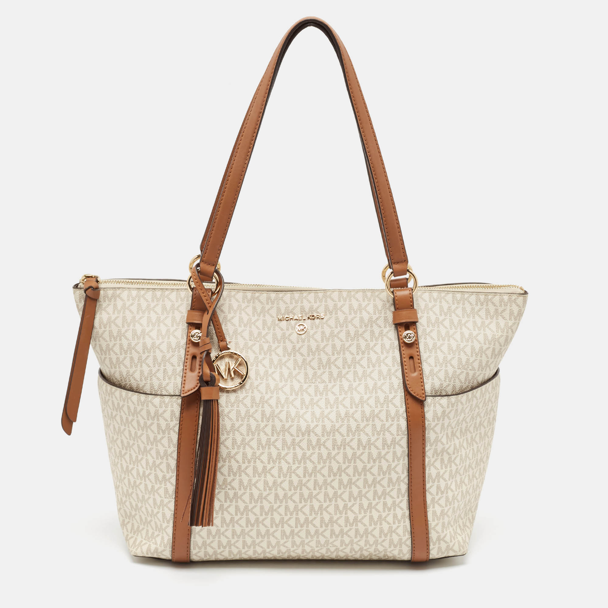 

Michael Kors White/Brown Siganture Coated Canvas  Sullivan Top Zip Tote