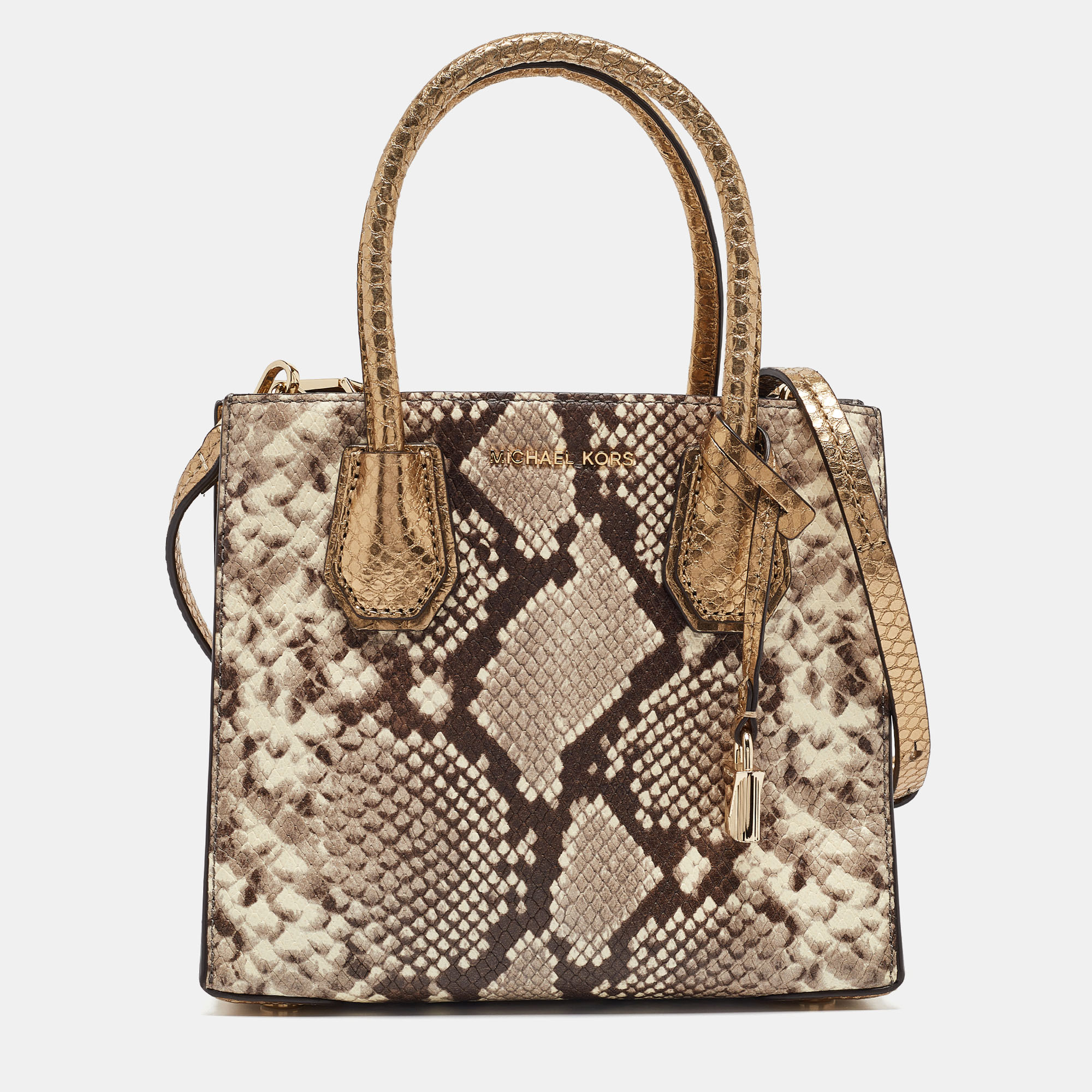 

Michael Kors Beige/Gold Python Embossed Leather Mini Mercer Tote