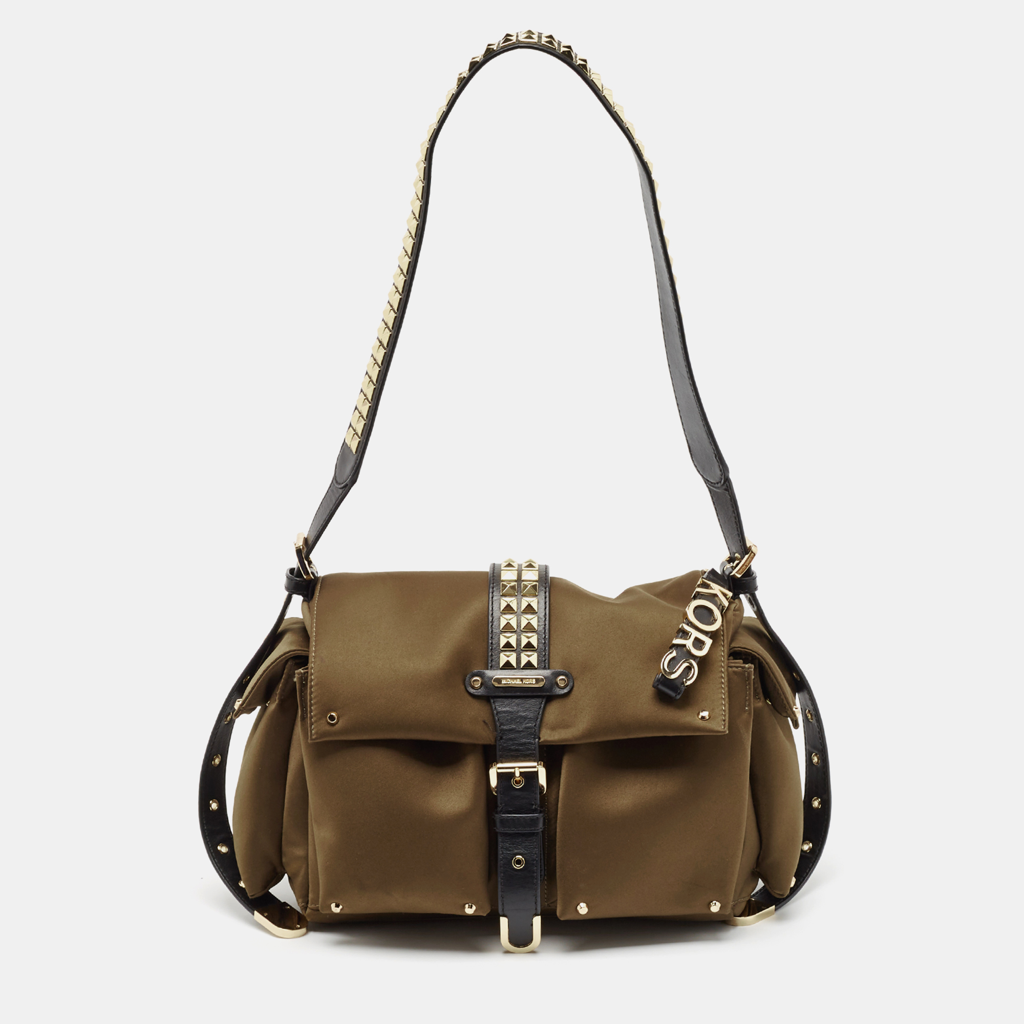 

Michael Kors Green/Black Studded Satin Olivia Shoulder Bag