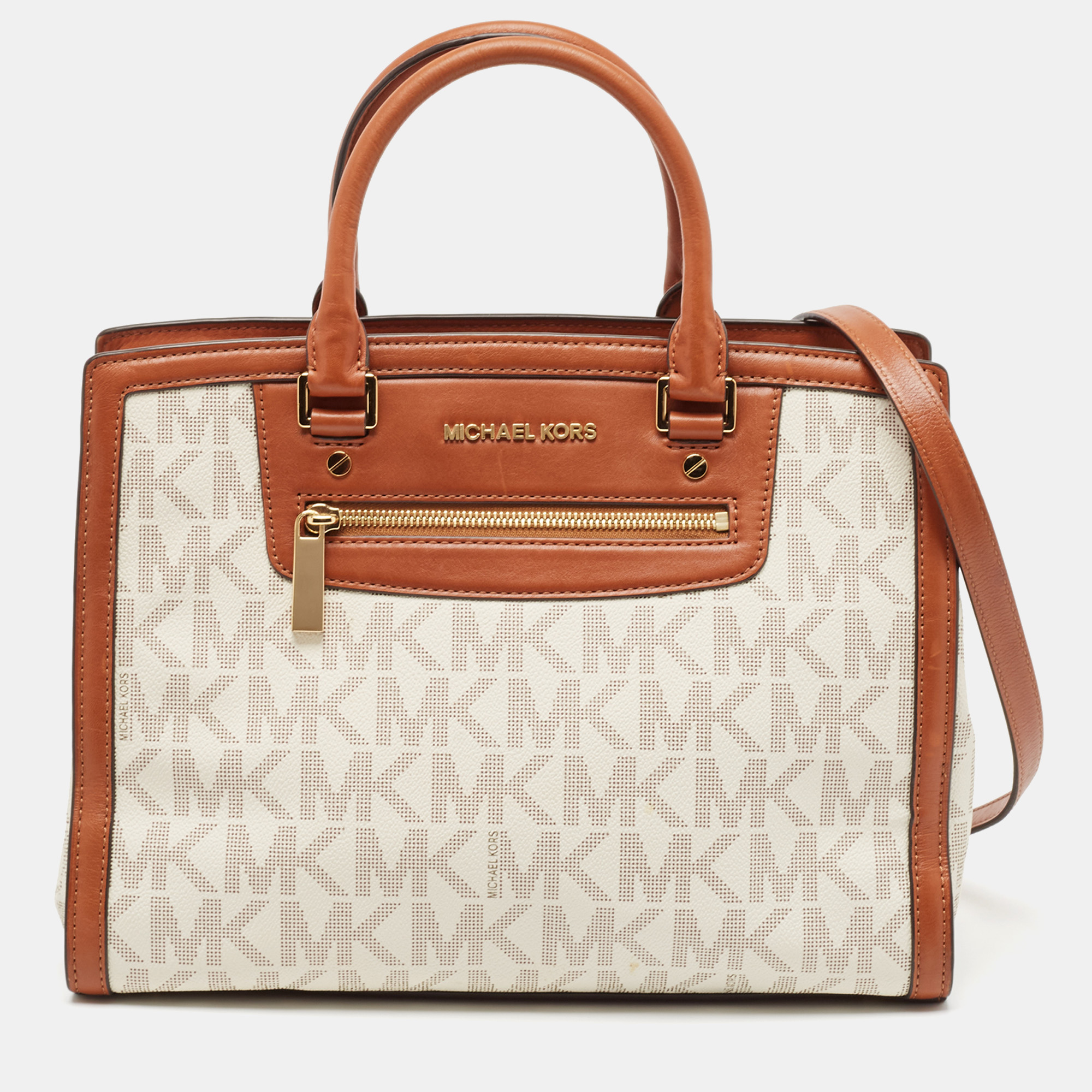 

Michael Kors Brown/White Signature Coated Canvas and Leather Selma Zip Tote