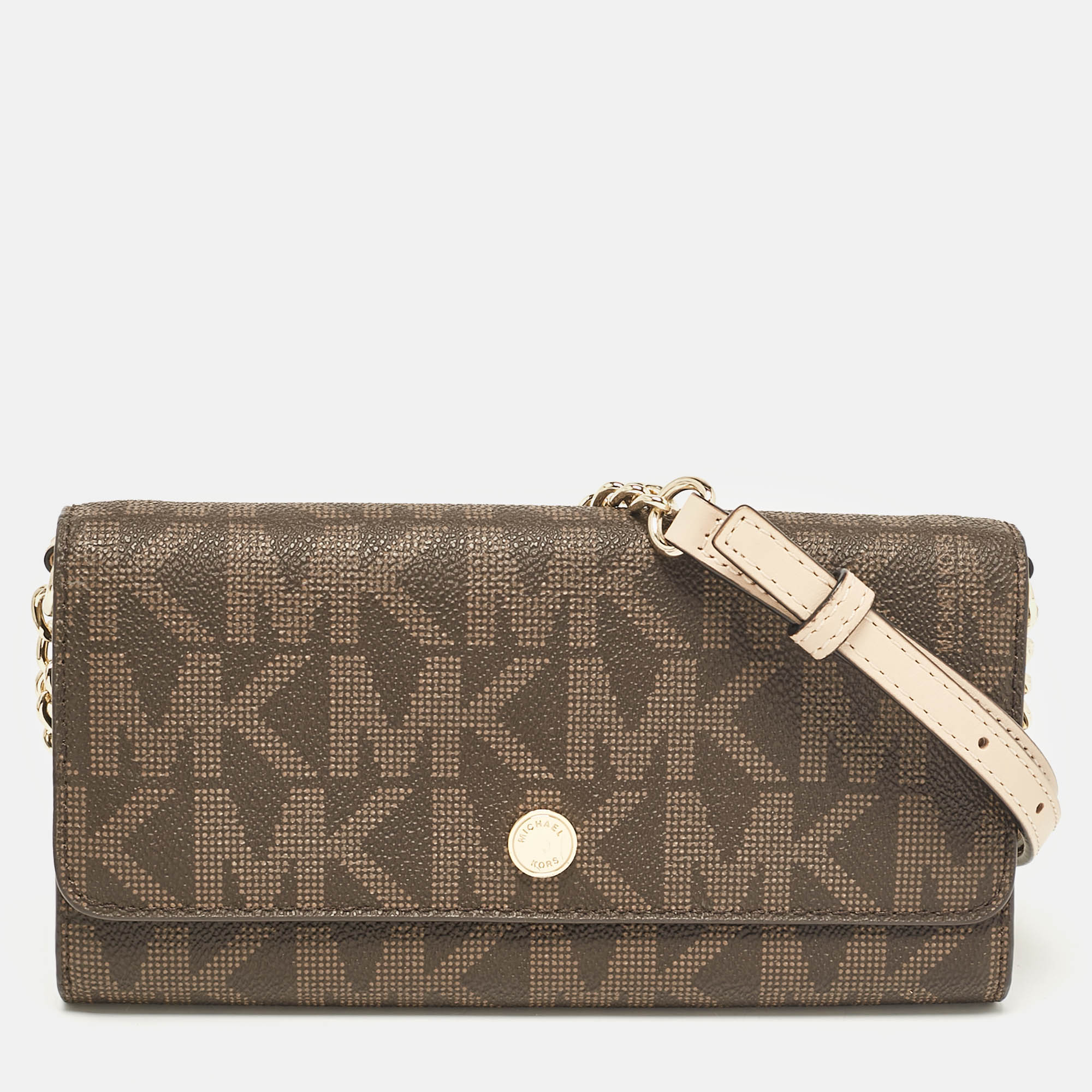 

Michael Kors Dark Brown Signature Coated Canvas Jet Set Wallet On Chain