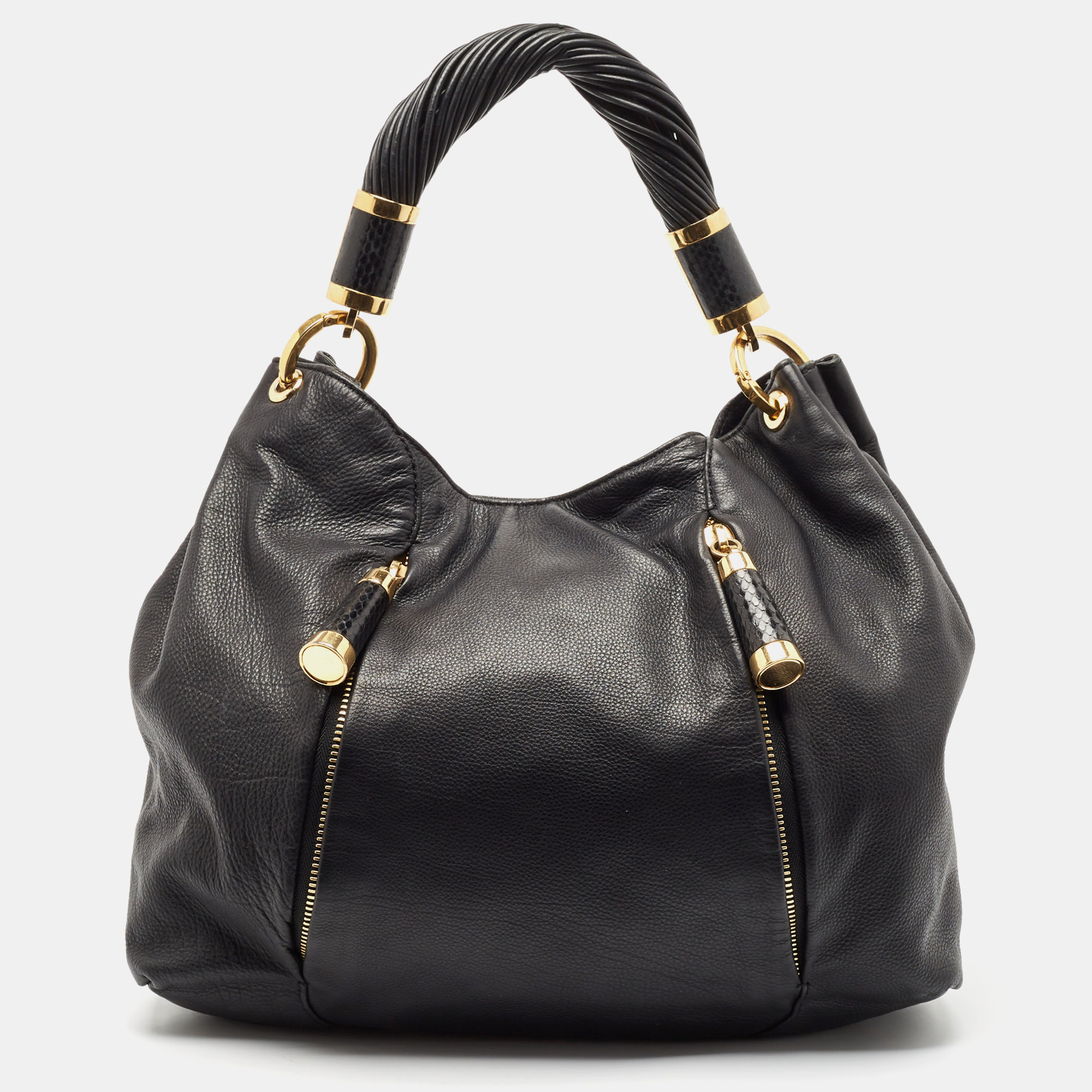 

Michael Kors Black Leather and Snakeskin Embossed Tonne Hobo