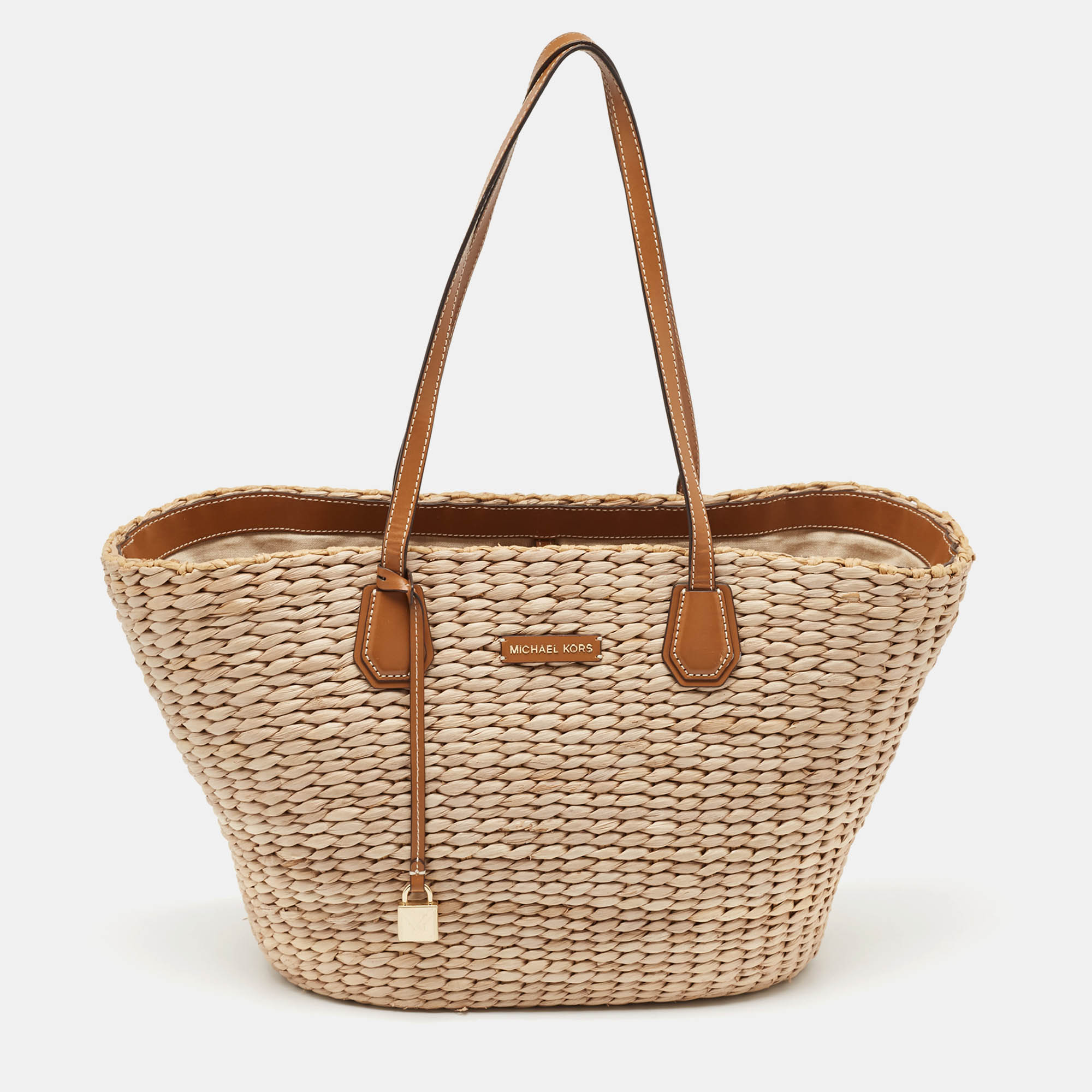 

Michael Kors Beige/Brown Woven Raffia and Leather Malibu Tote