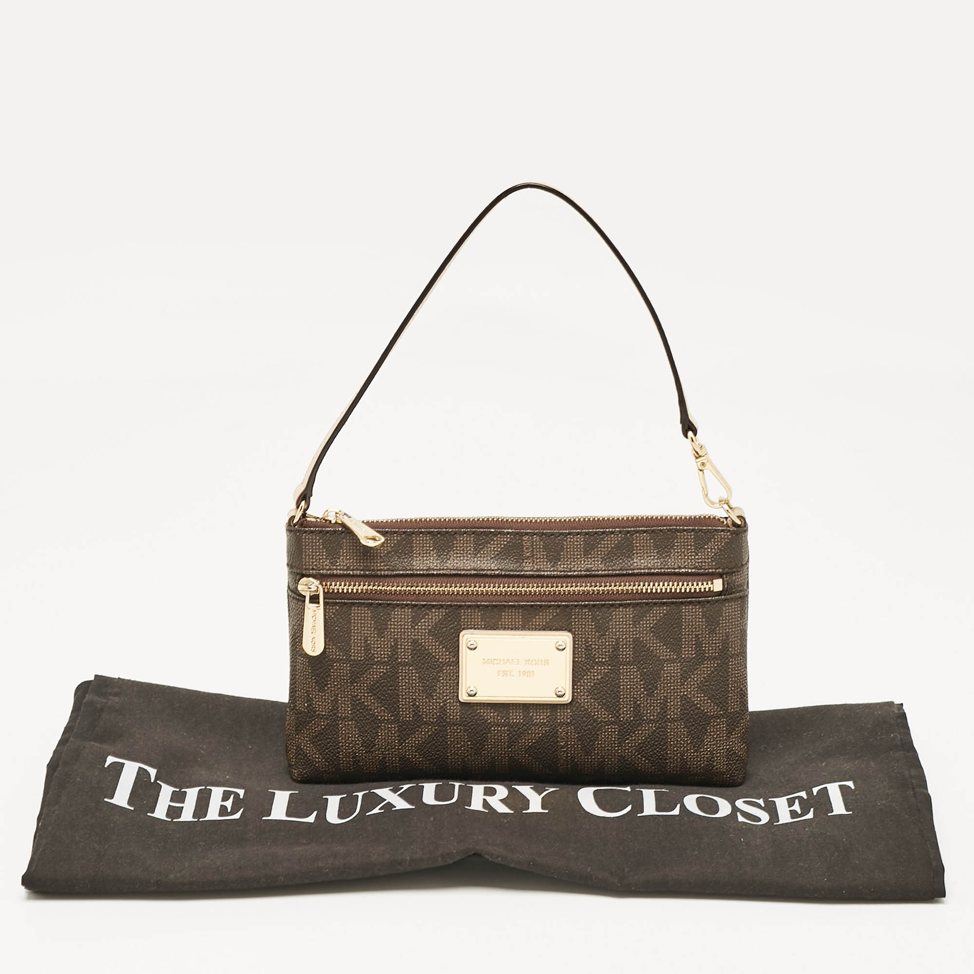 Michael Kors Dark Brown Signature Coated Canvas and Leather Wristlet Clutch 