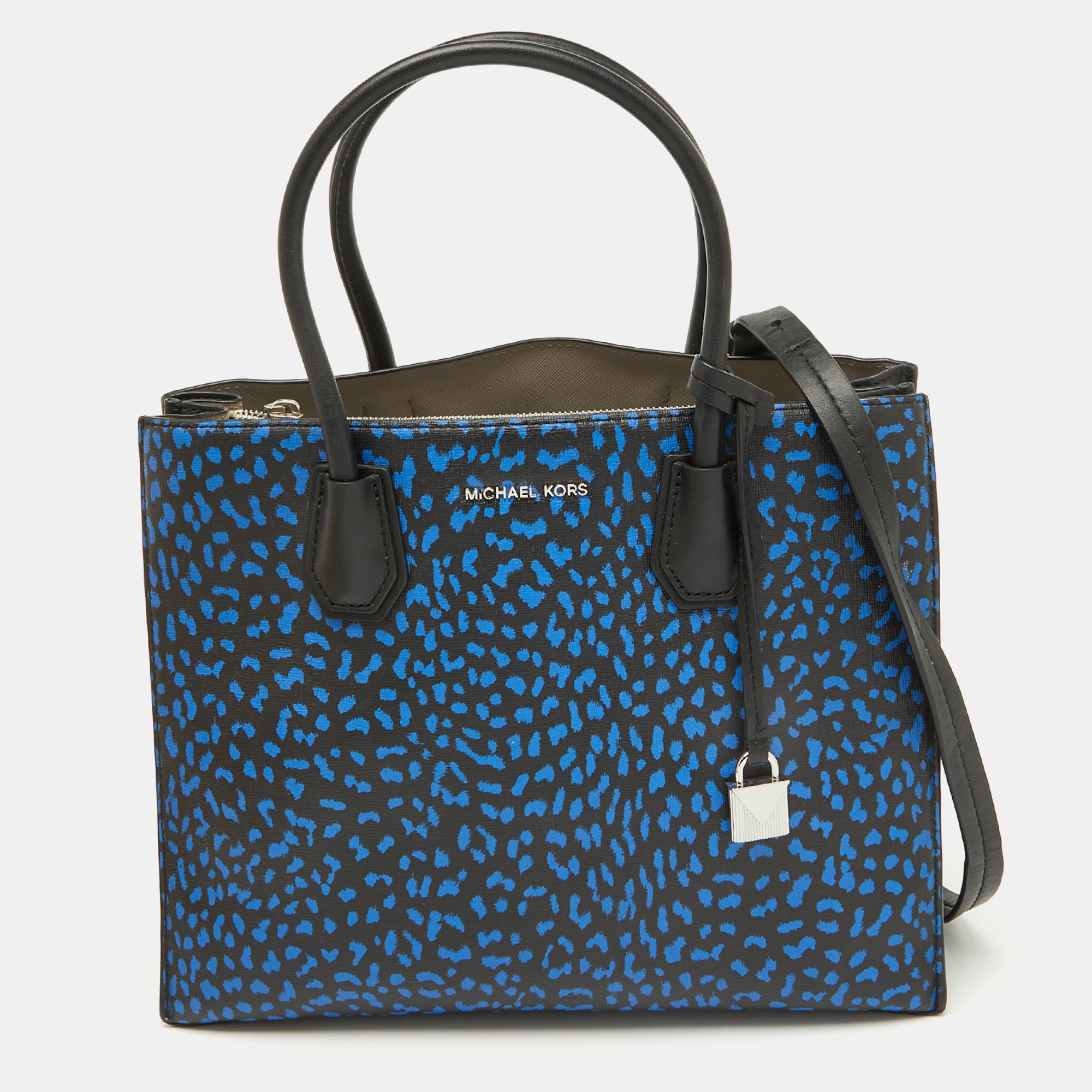 

Michael Kors Black/Blue Leather and Coated Canvas Animal Print Mercer Tote