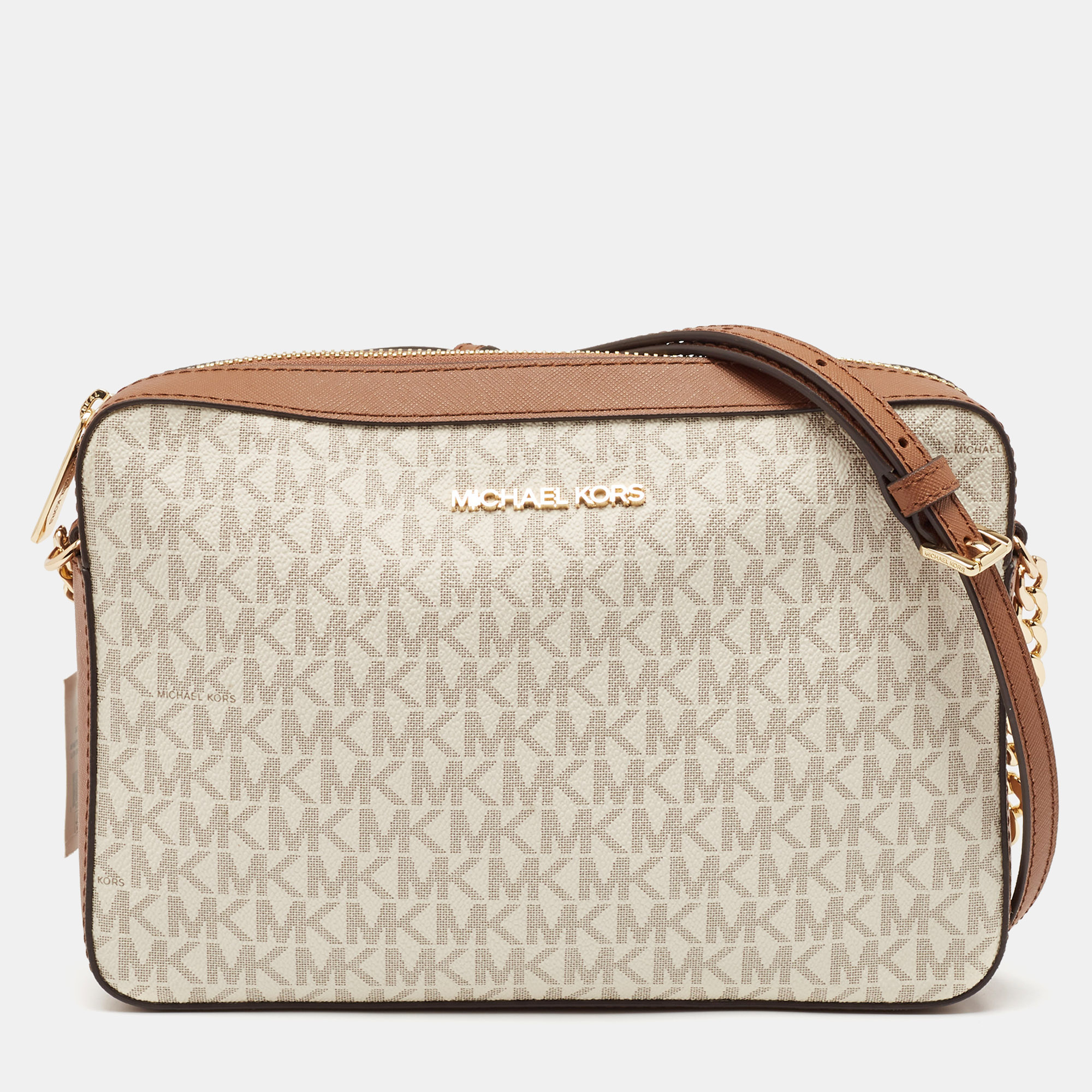 

Michael Kors White/Brown Signature Coated Canvas and Leather Large Jet Set Crossbody Bag