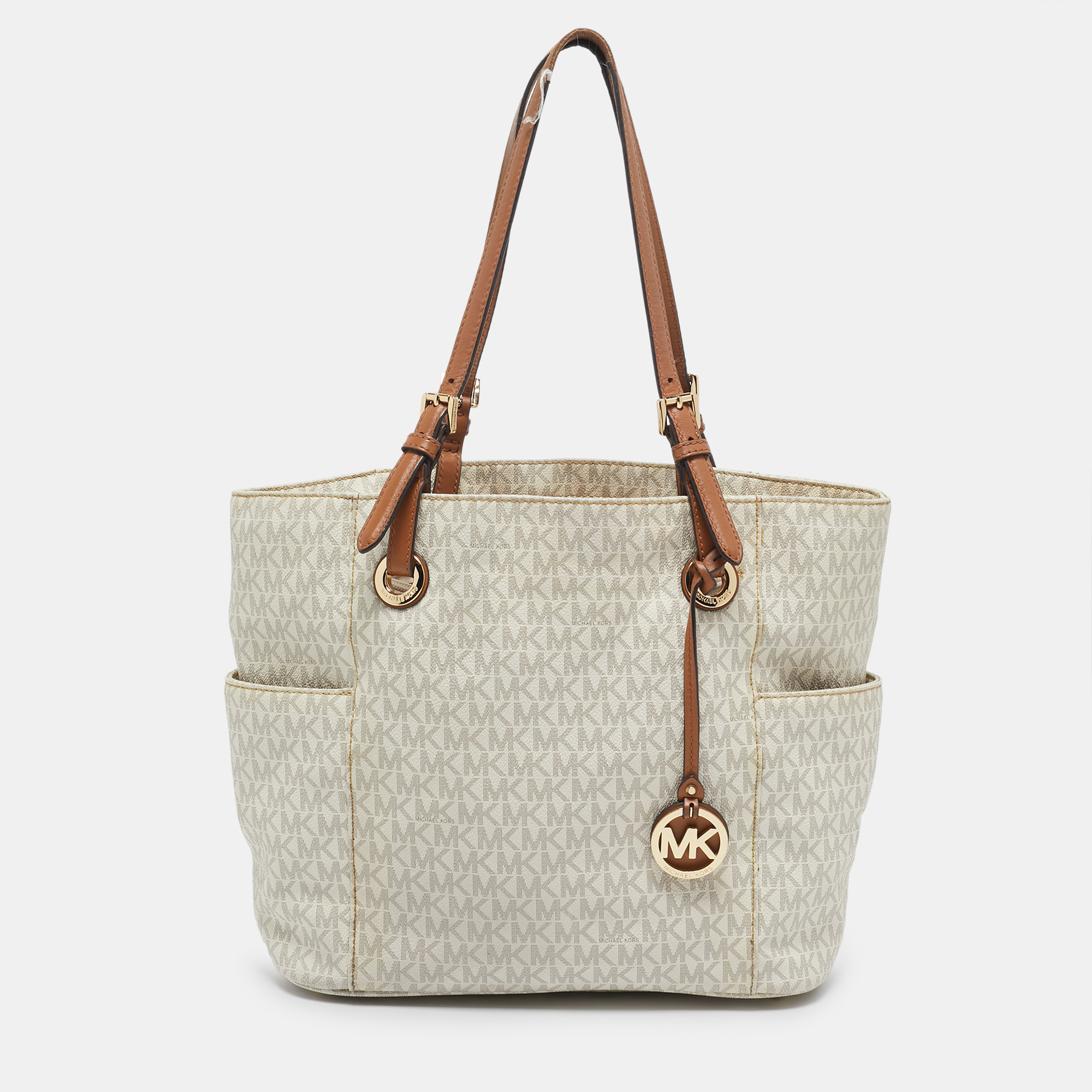 

Michael Kors White/Brown Signature Coated Canvas Jet Set Tote