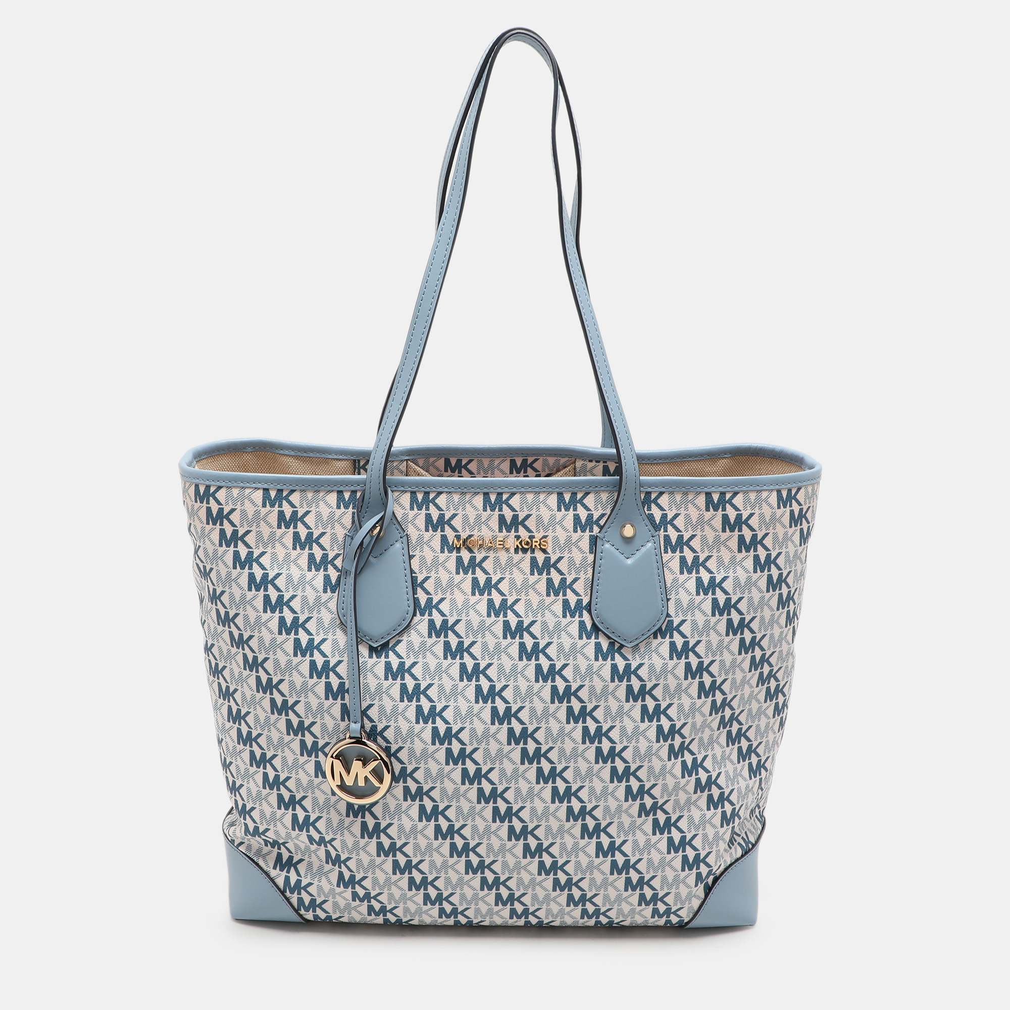 

Michael Kors Light Blue/White Signature Coated Canvas and Leather Large Eva Tote