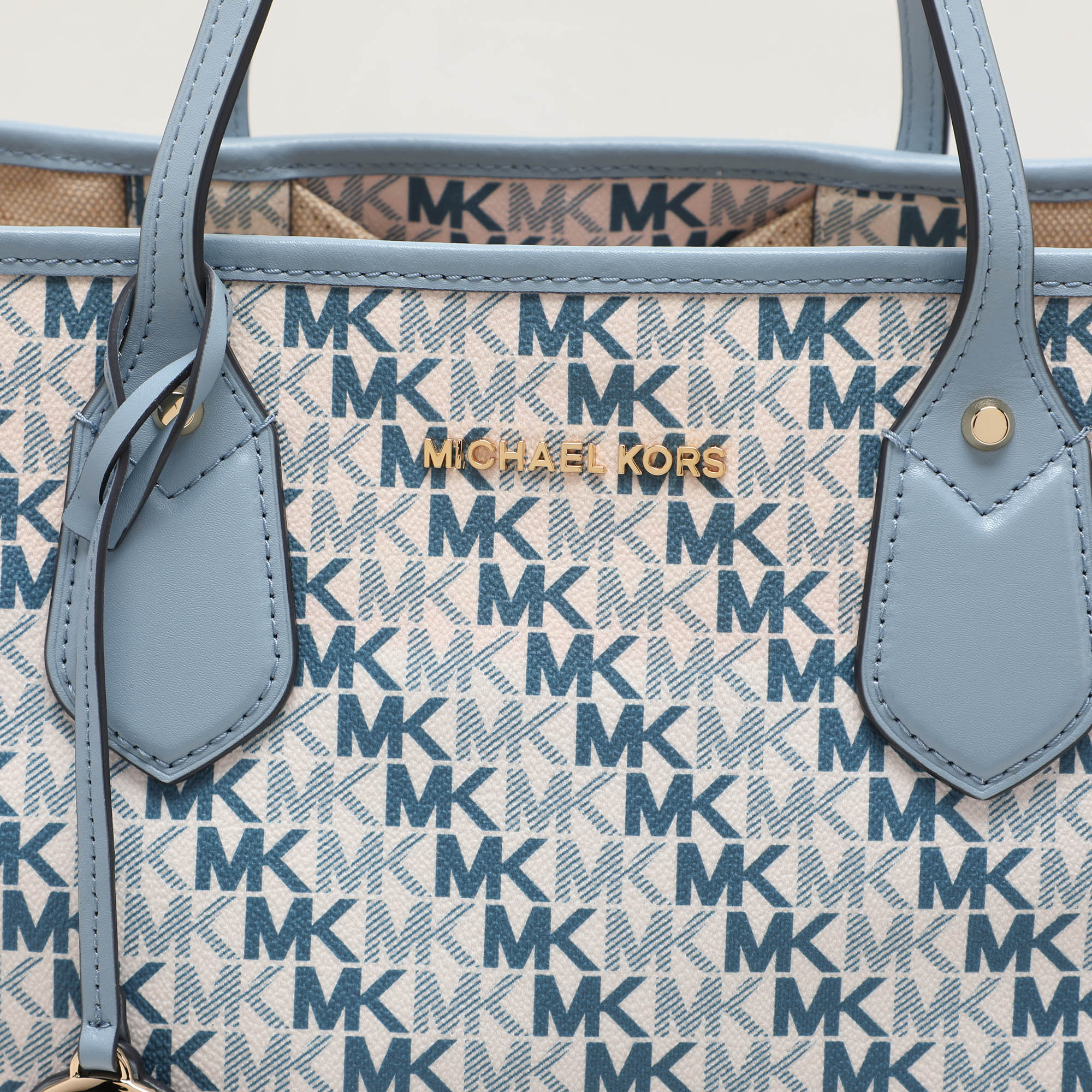 Michael Kors Light Blue/White Signature Coated Canvas and Leather Large Eva Tote 