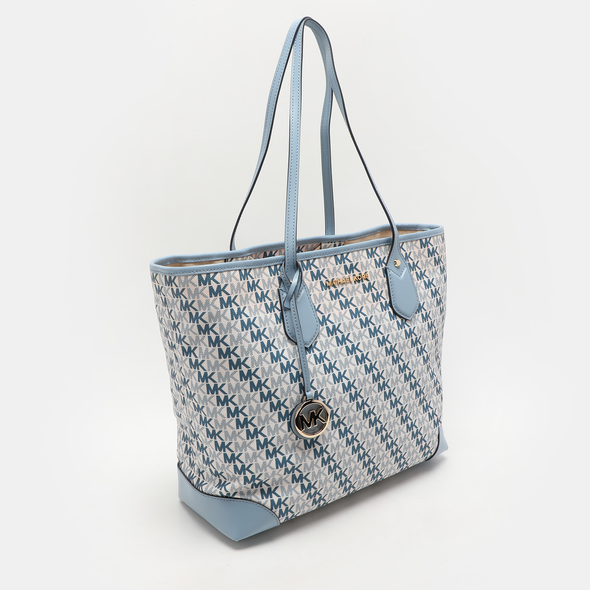 Michael Kors Light Blue/White Signature Coated Canvas and Leather Large Eva Tote 