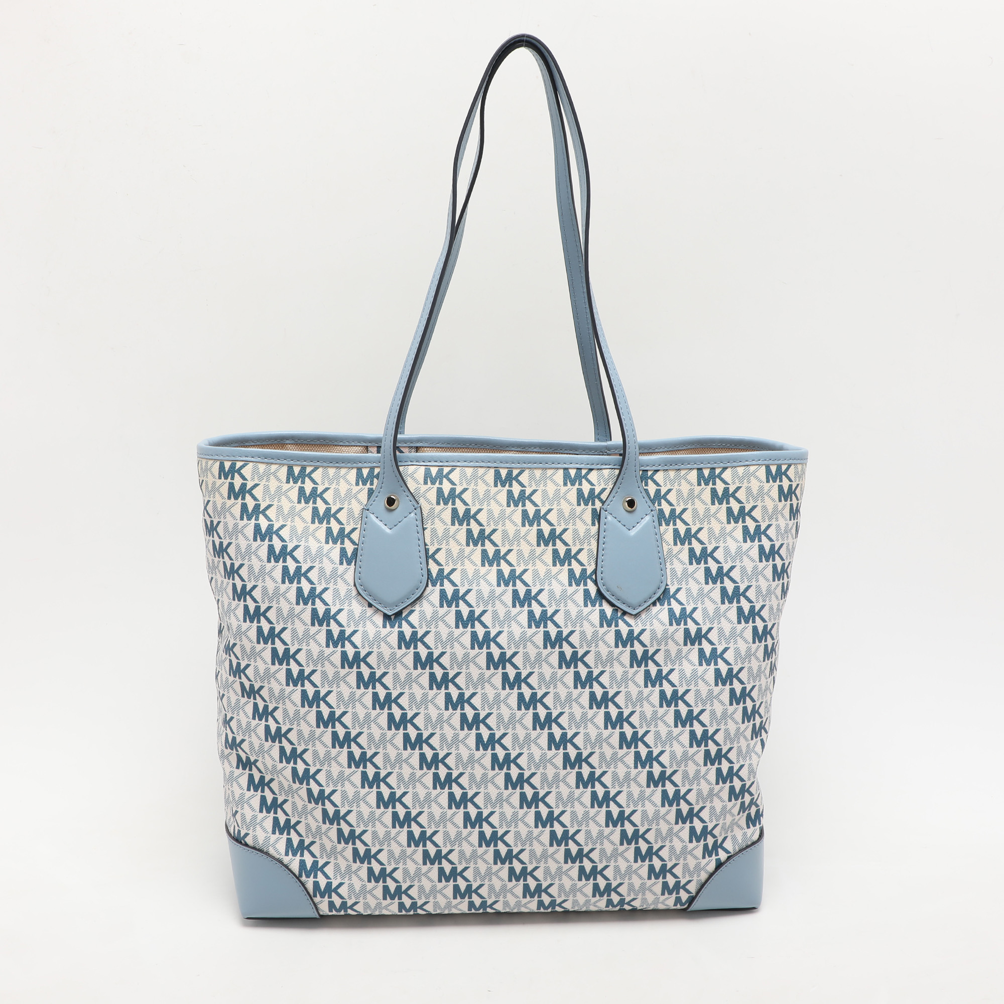 Michael Kors Light Blue/White Signature Coated Canvas and Leather Large Eva Tote 