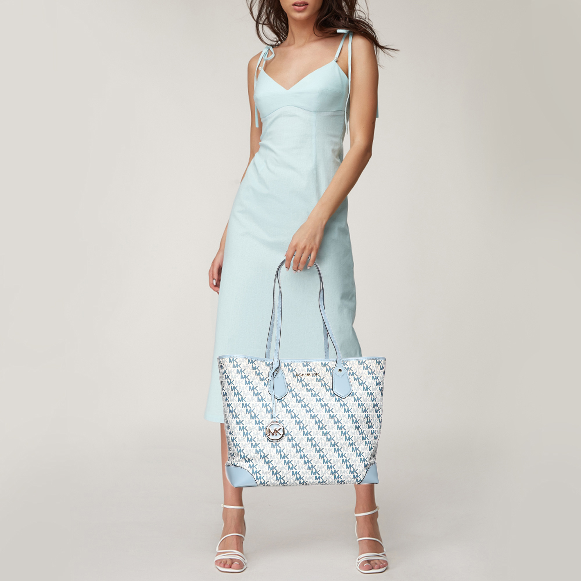 Michael Kors Light Blue/White Signature Coated Canvas and Leather Large Eva Tote 