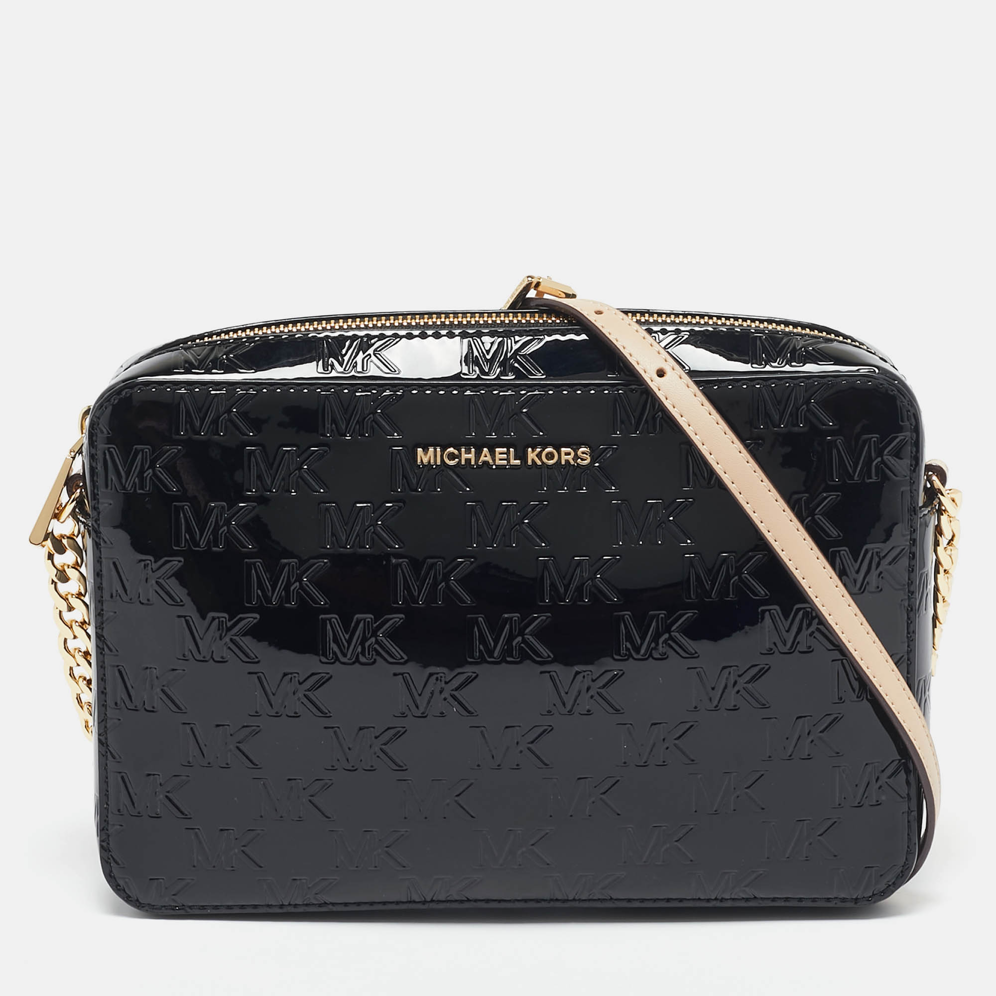 

Michael Kors Black Monogram Patent Leather Large Jet Set Crossbody Bag