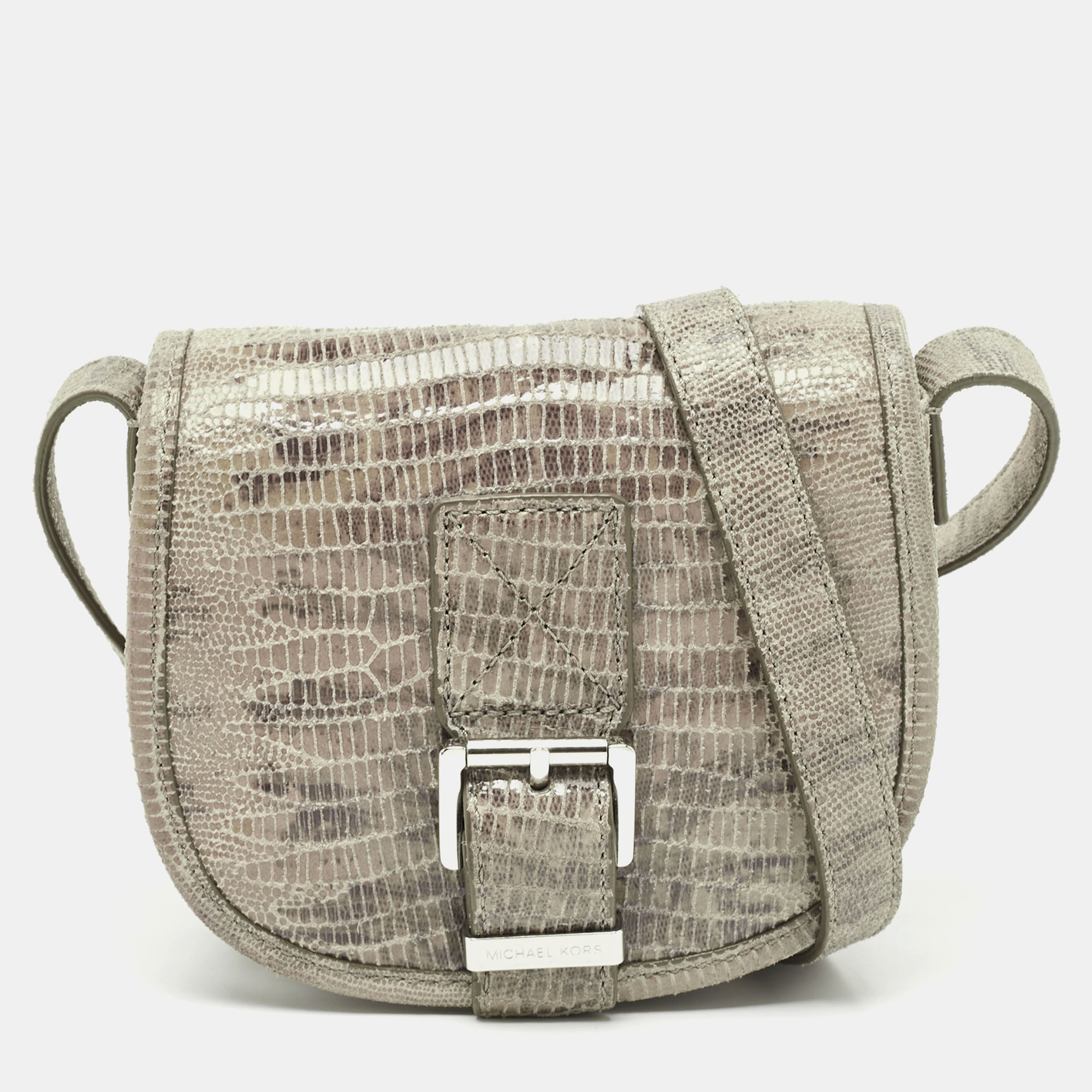 

Michael Kors Grey Lizard Embossed Leather Buckle Flap Crossbody Bag