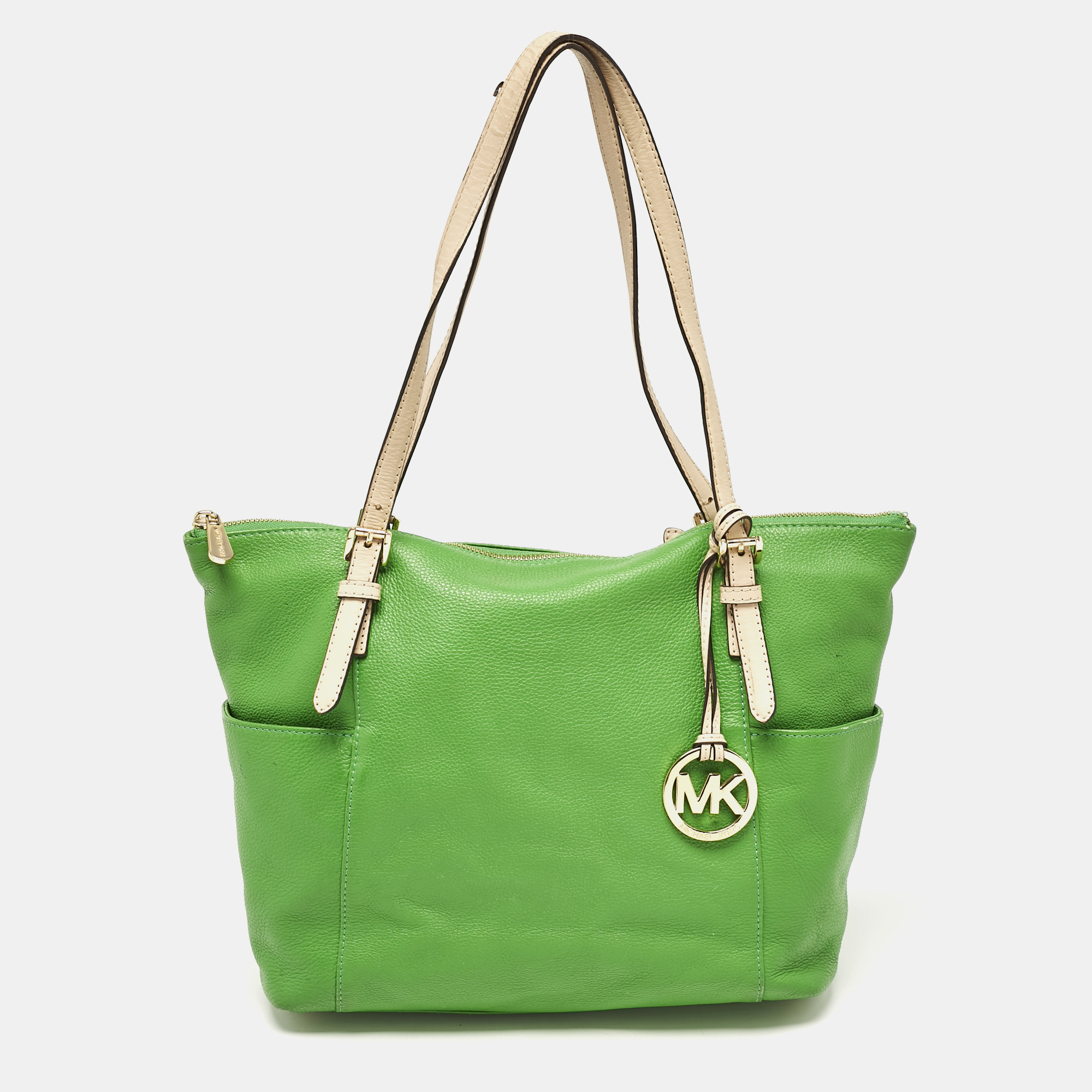 

Michael Kors Green/Beige Leather Jet Set Top Zip Tote