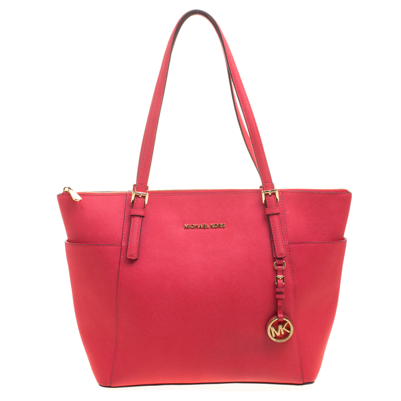 Michael Kors Red Saffiano Leather Large Top Zip Jet Set Tote Michael ...
