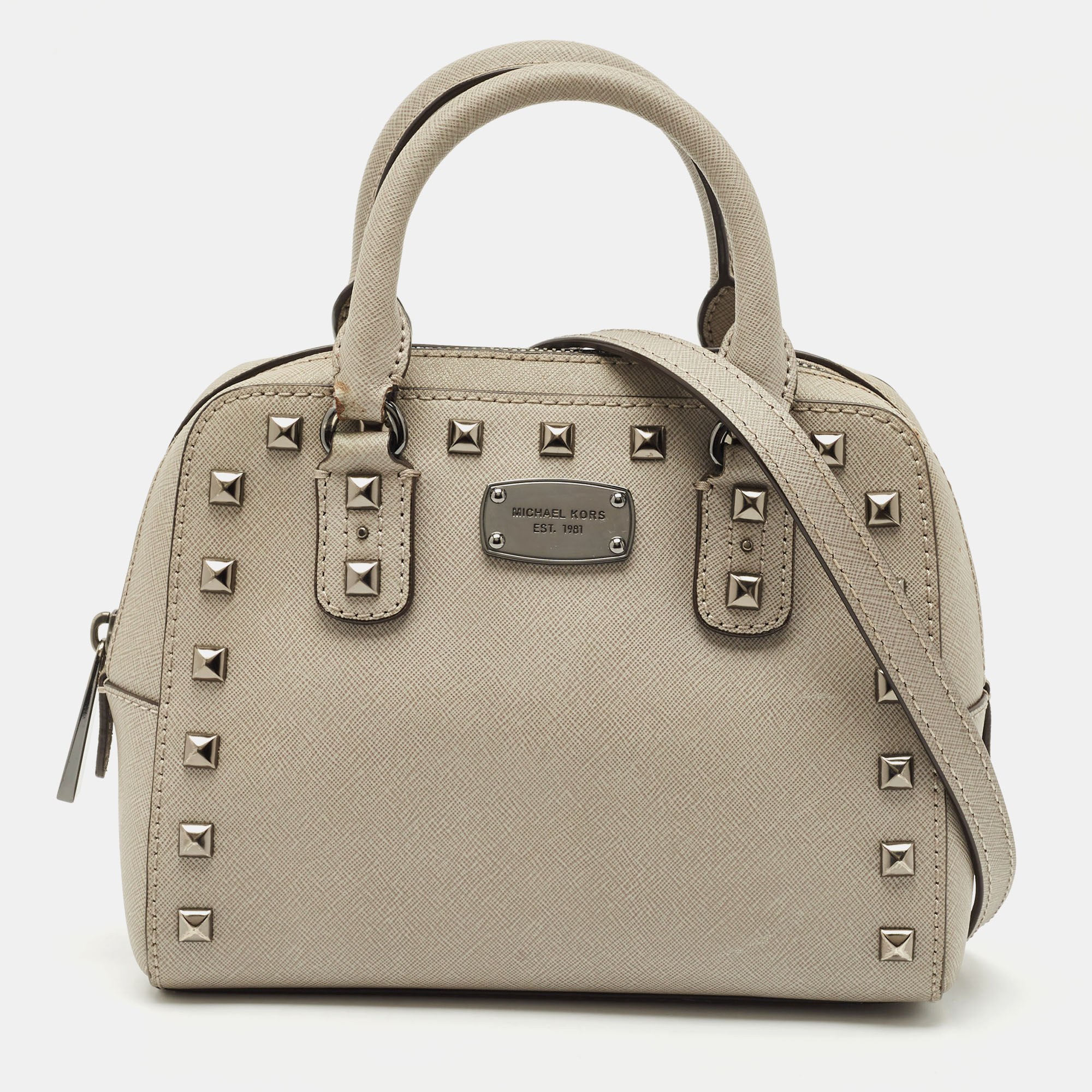 

Michael Kors Grey Leather Mini Studded Sandrine Satchel