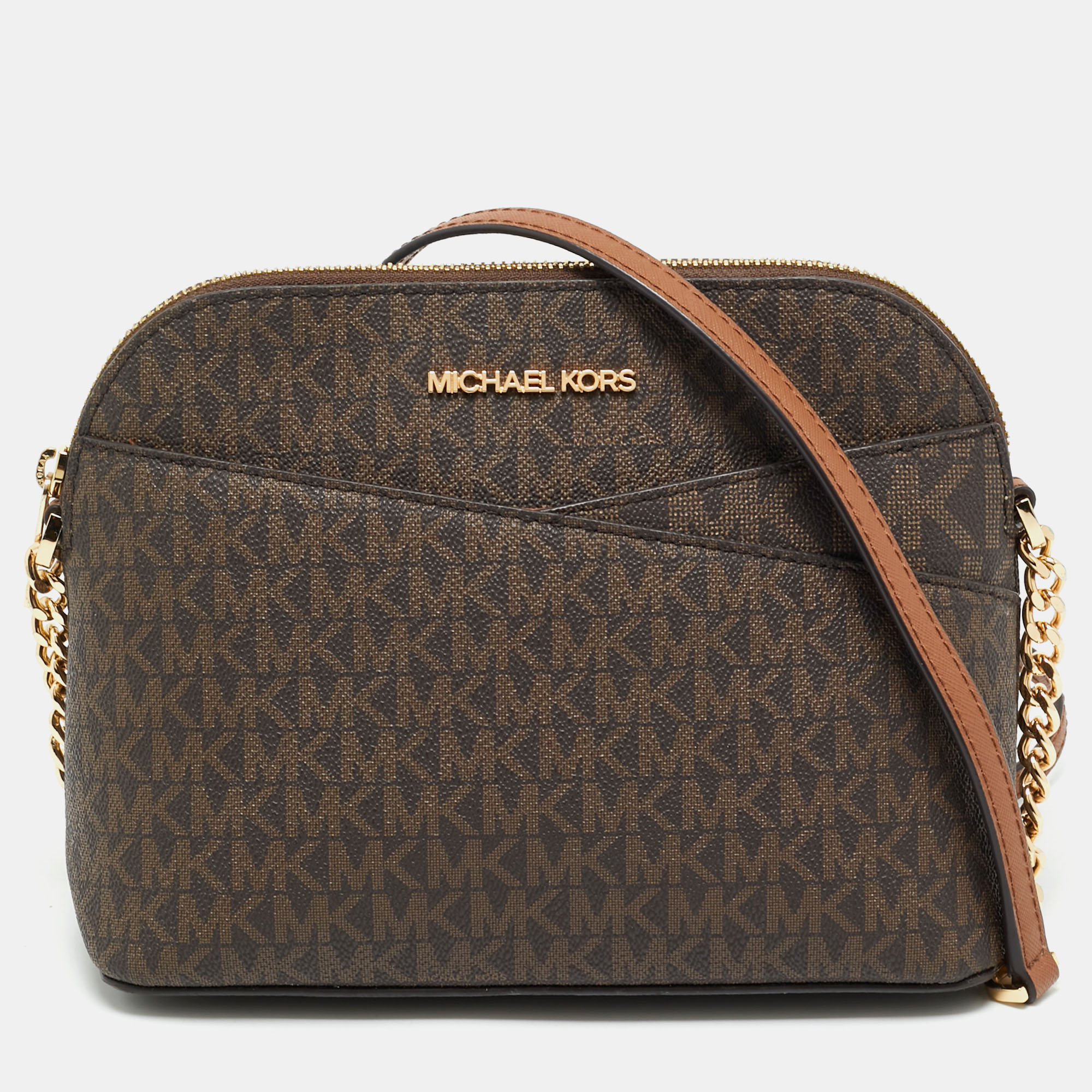 Pre-owned Michael Kors Brown Signature Coated Canvas And Leather Jet Set Travel Crossbody Bag