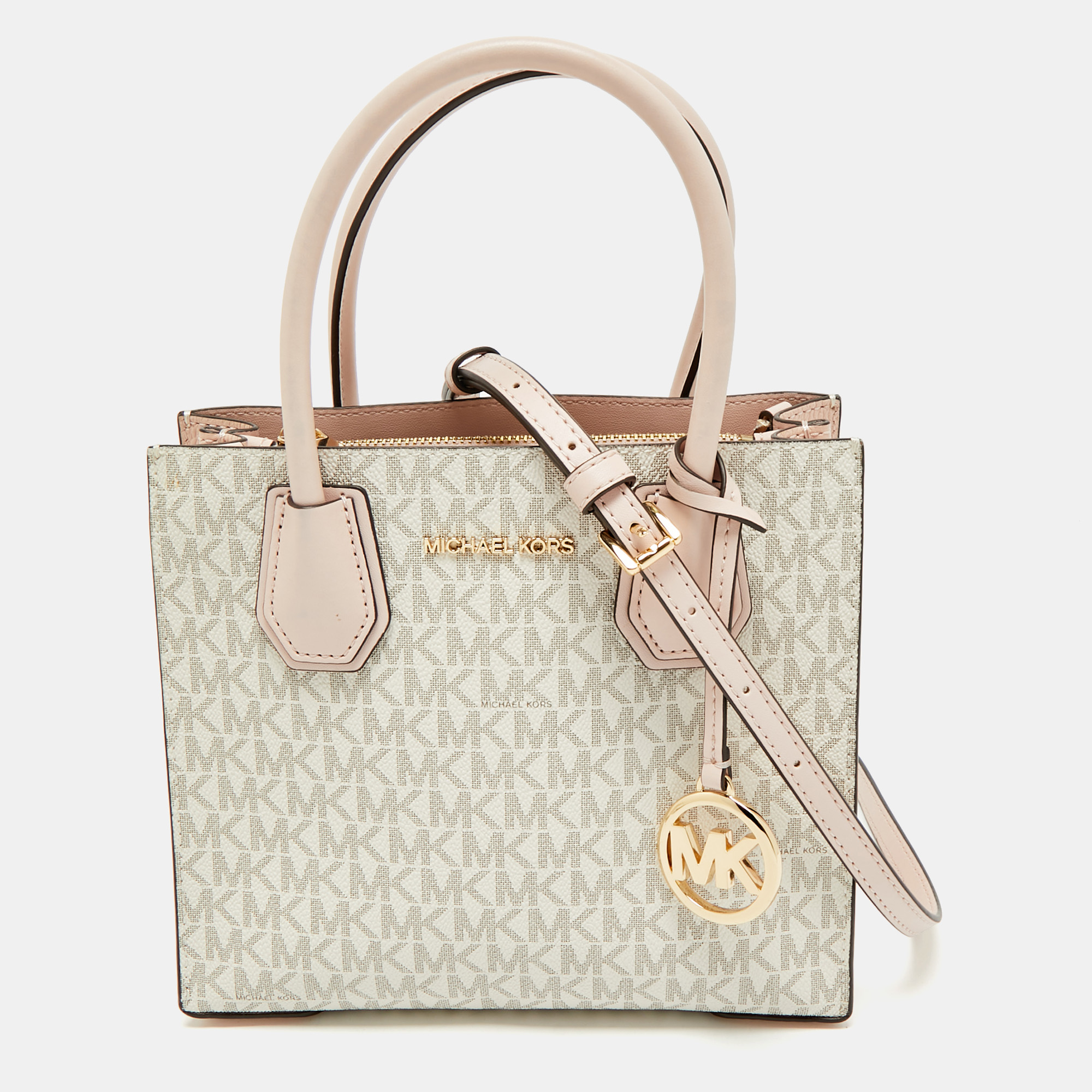Pre-owned Michael Kors Ivory/pink Signature Coated Canvas And Leather Mini Mercer Tote