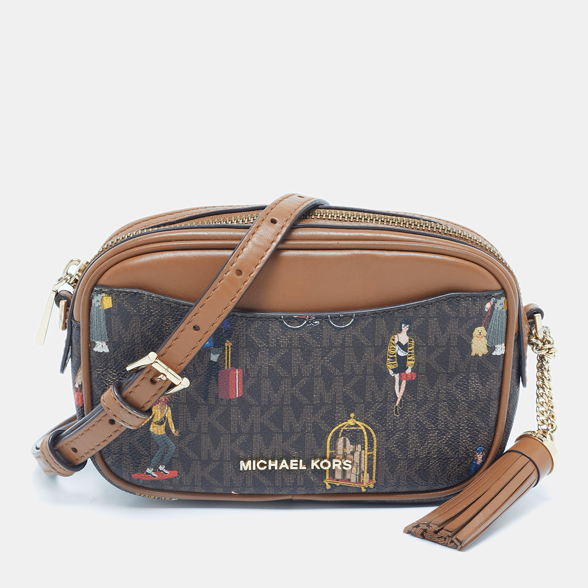 Pre-owned Michael Kors Brown Signature Coated Canvas Jet Set Girls Convertible Belt Bag