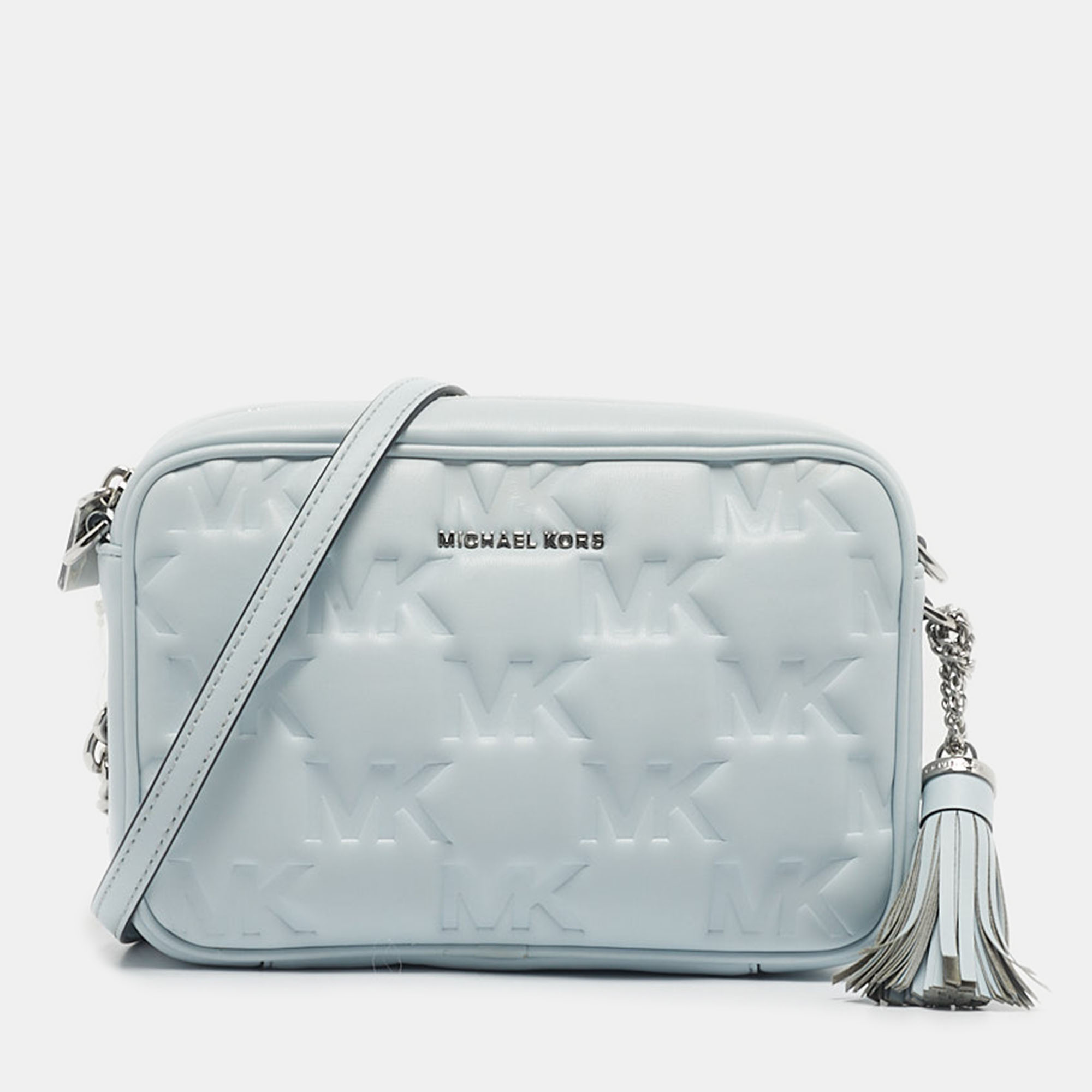 

Michael Kors Soft Sky Blue Signature Embossed Faux Leather  Jet Set Camera Bag