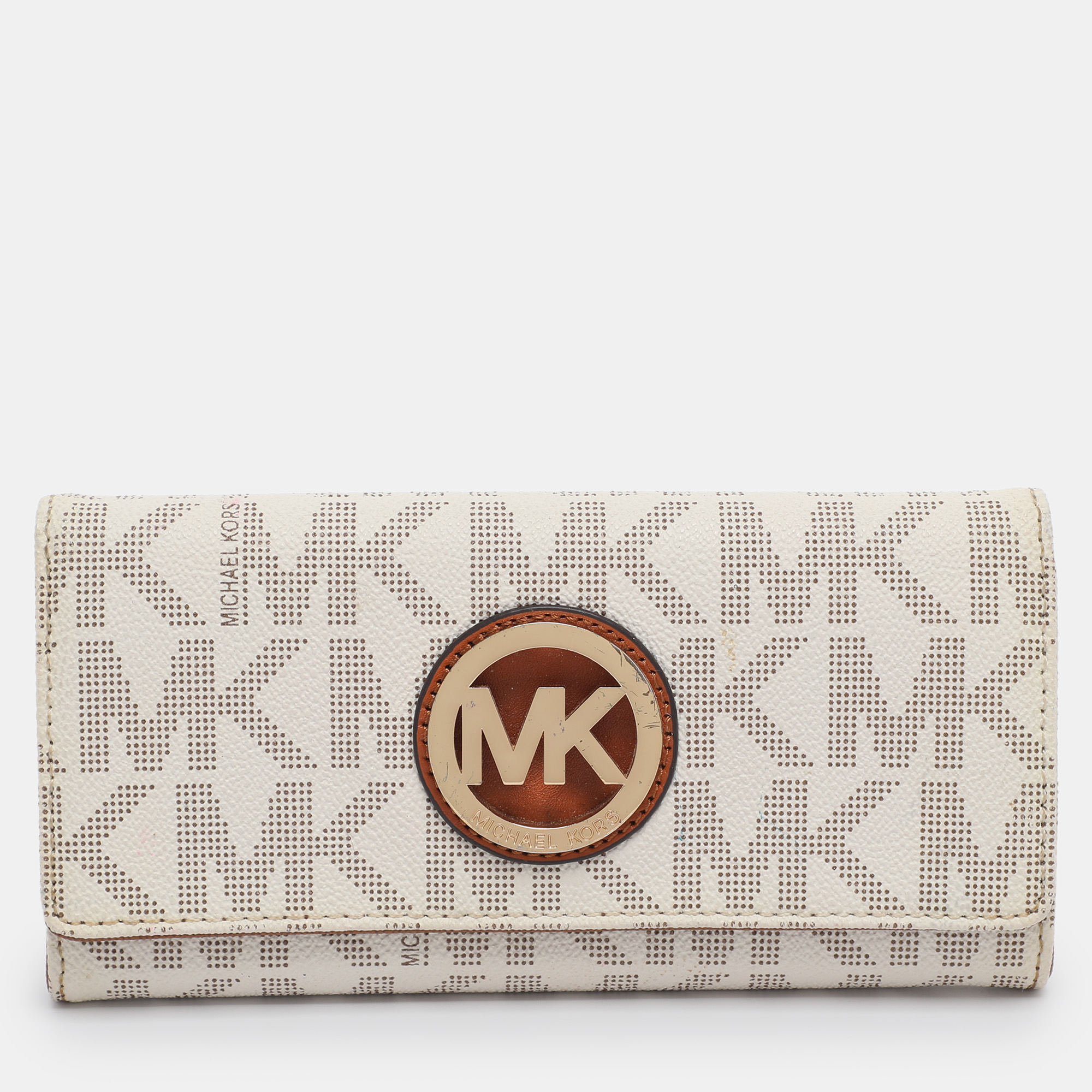 Pre-owned Michael Kors White/brown Signature Coated Canvas And Leather Fulton Continental Wallet