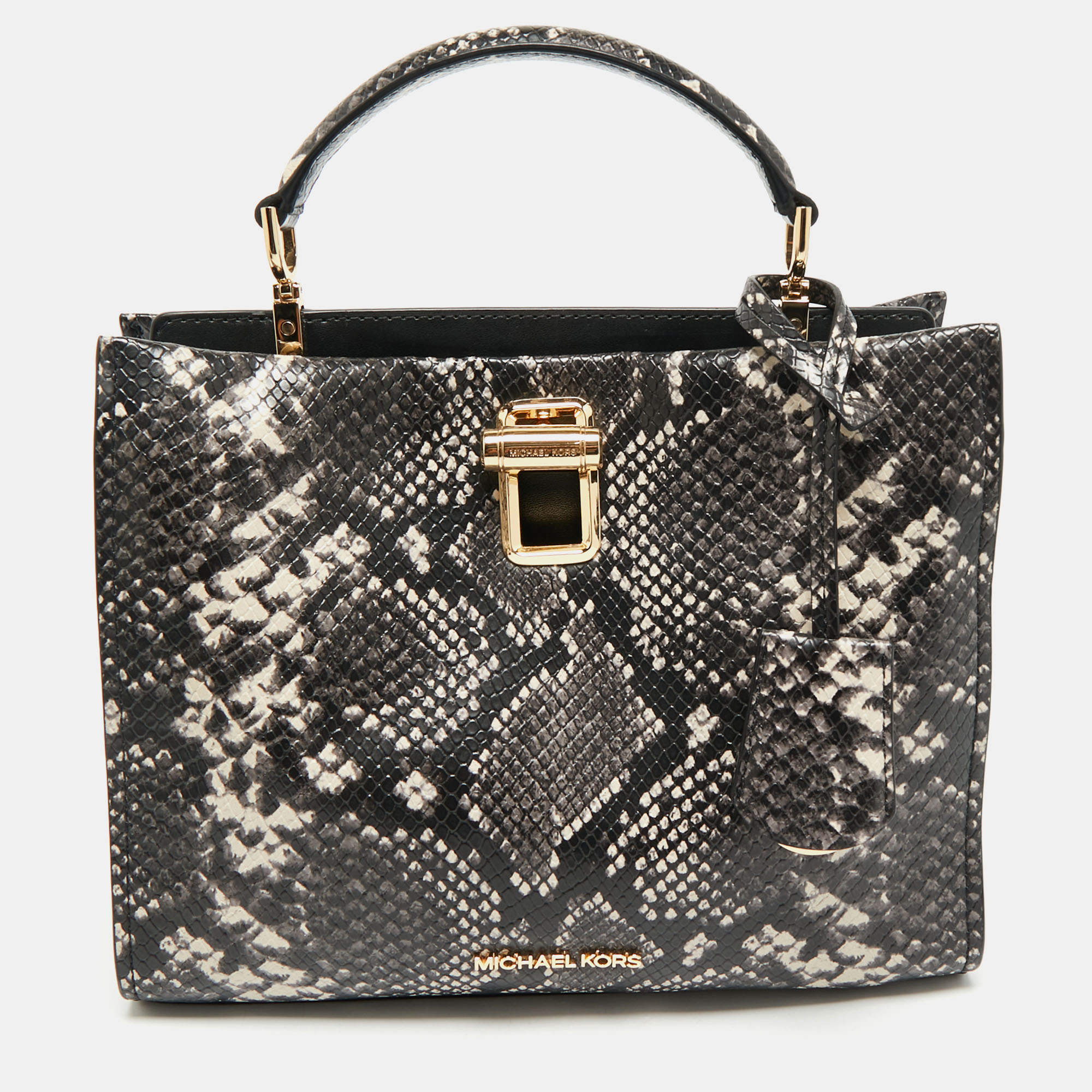 

Michael Kors Black/White Snakeskin Embossed Leather Penelope Top Handle Bag