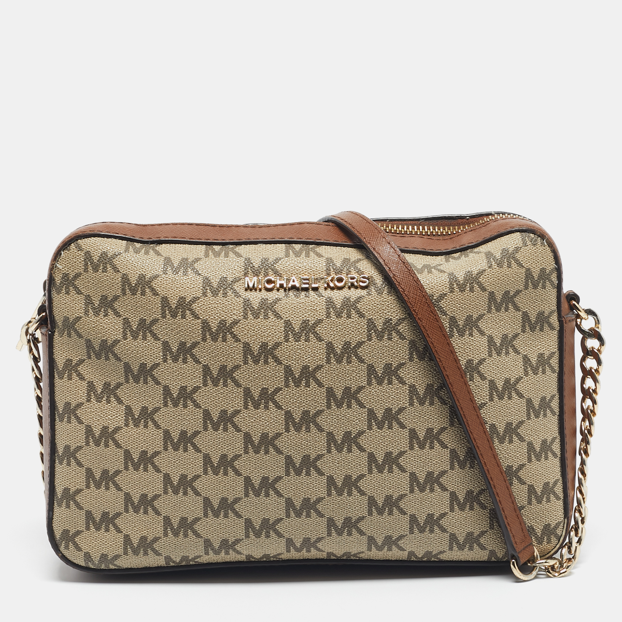 Pre-owned Michael Kors Brown/beige Signature Coated Canvas And Leather Jet Set Camera Crossbody Bag