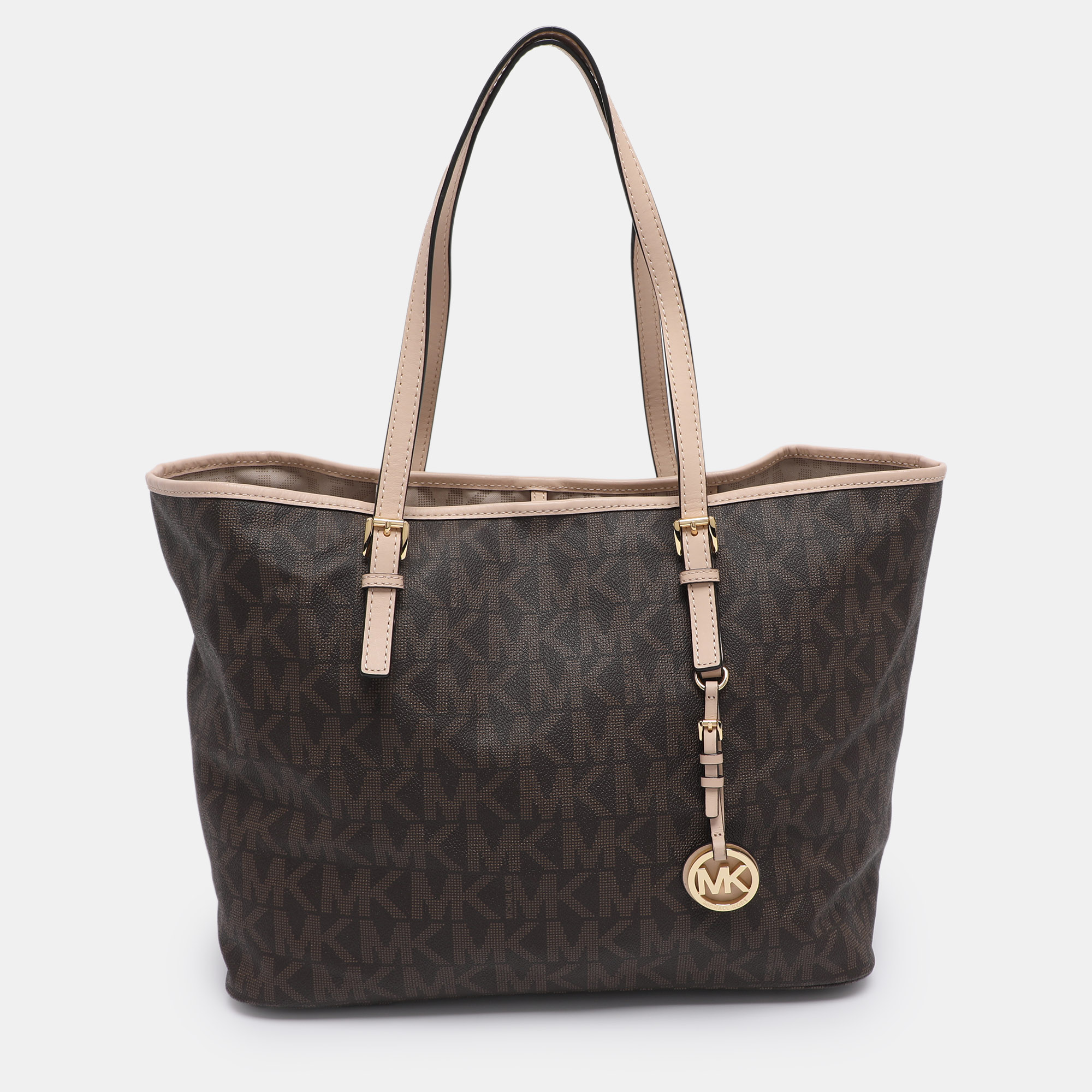 Pre-owned Michael Kors Brown Signature Coated Canvas Jet Set Travel Tote