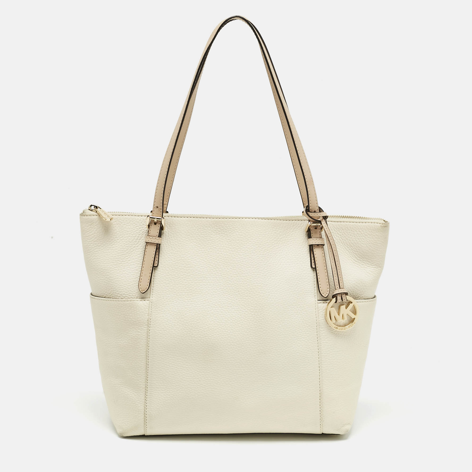 Pre-owned Michael Kors Michael Off White/beige Leather Jet Set East West Tote