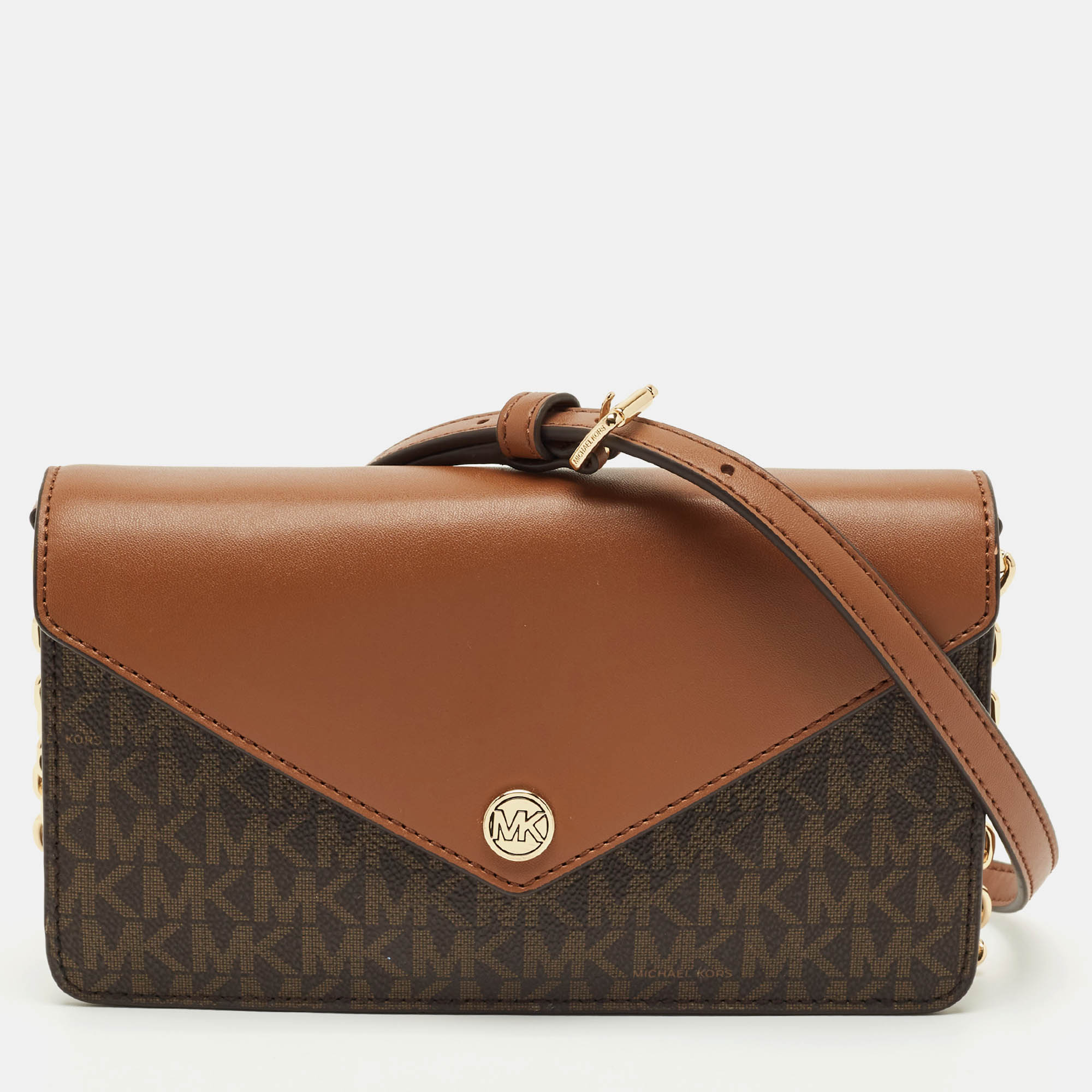 Pre-owned Michael Kors Brown Signature Coated Canvas And Leather Envelope Wallet On Strap