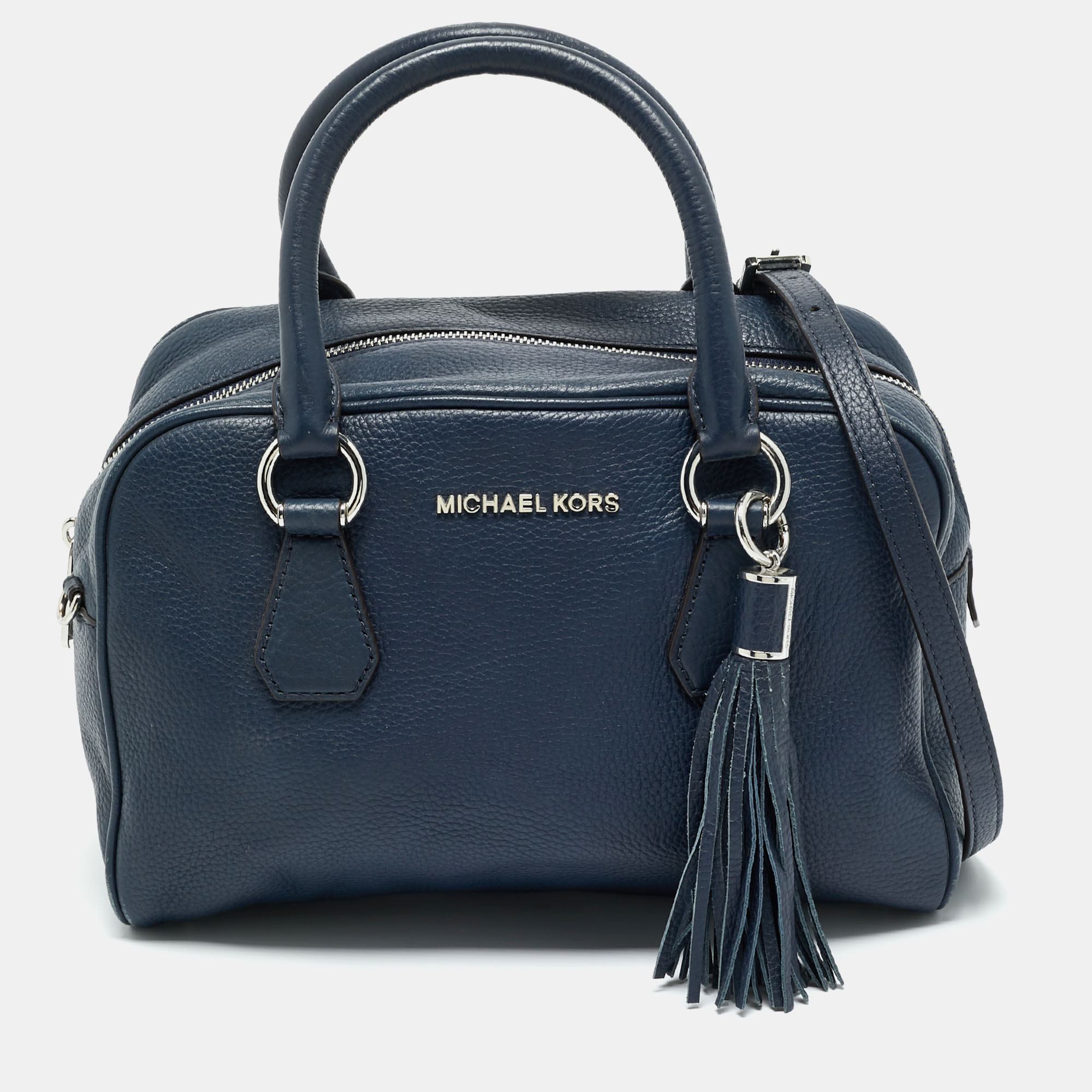 

Michael Kors Navy Blue Leather Bedford Tassel Boston Bag