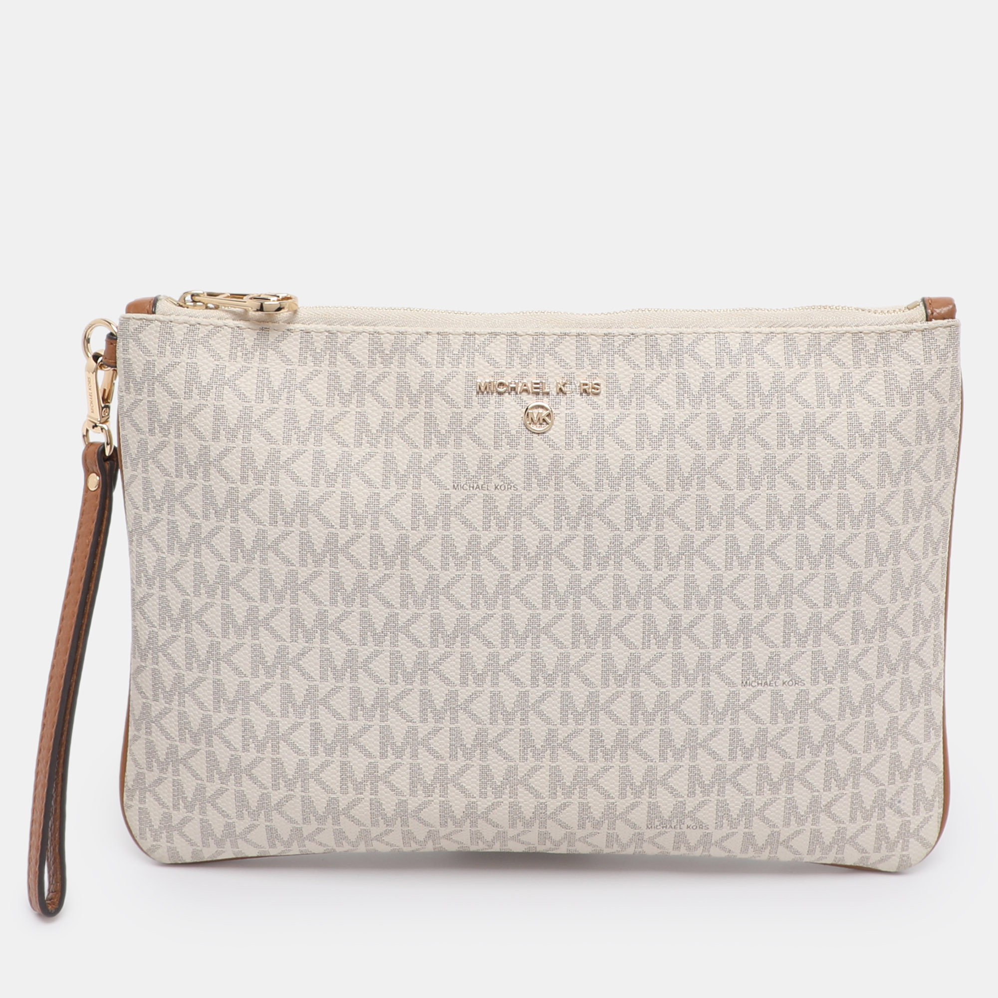 Pre-owned Michael Kors Cream/brown Coated Canvas And Leather Slater 2-in-1 Wristlet Clutch In White