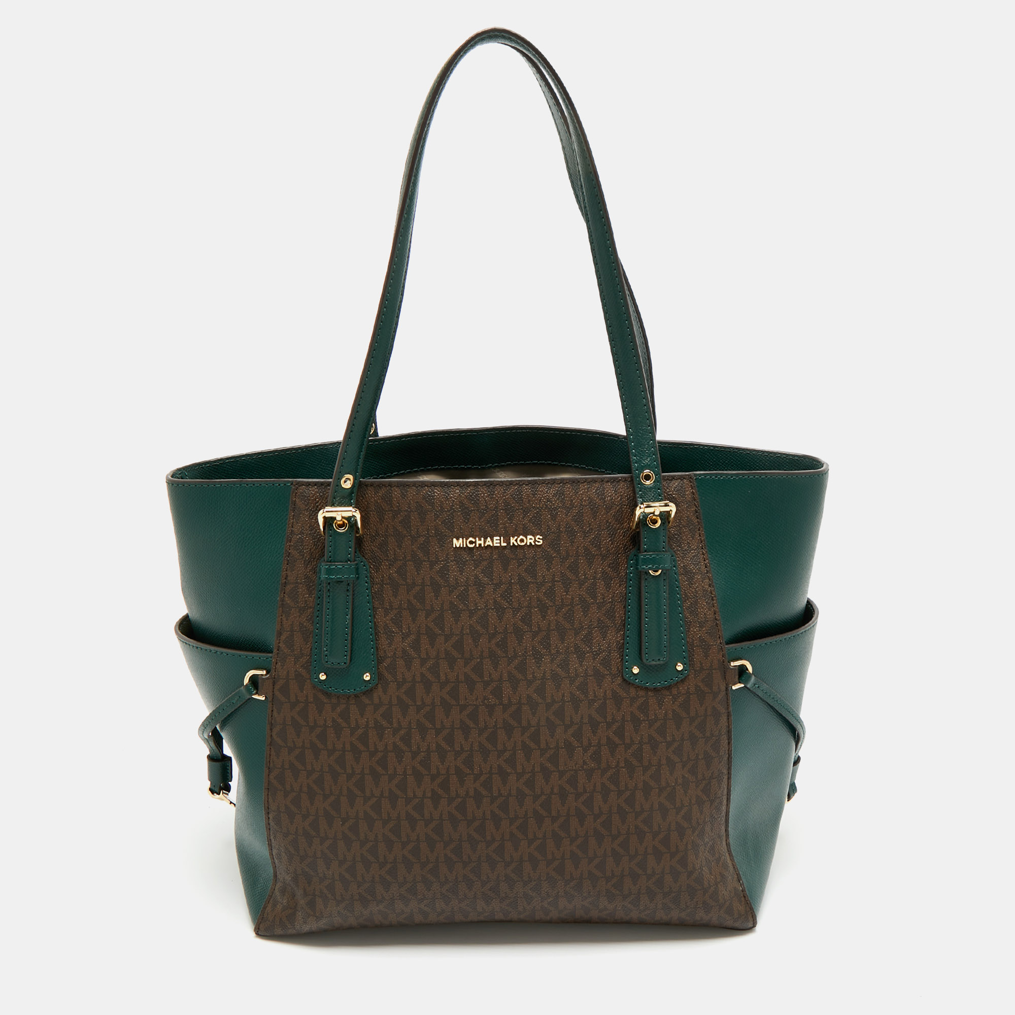Pre-owned Michael Kors Green/brown Signature Coated Canvas And Leather Voyager East West Tote