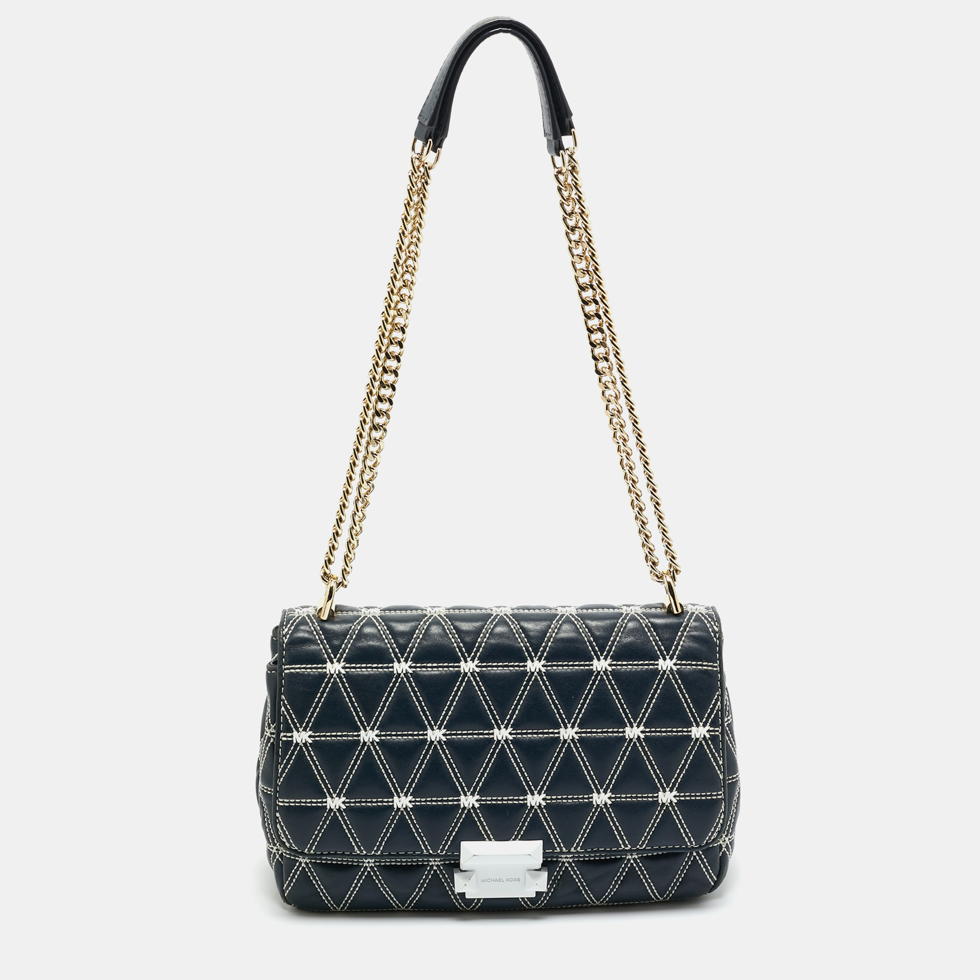 

Michael Kors Navy Blue Quilted Leather  Sloan Logo Studded Shoulder Bag