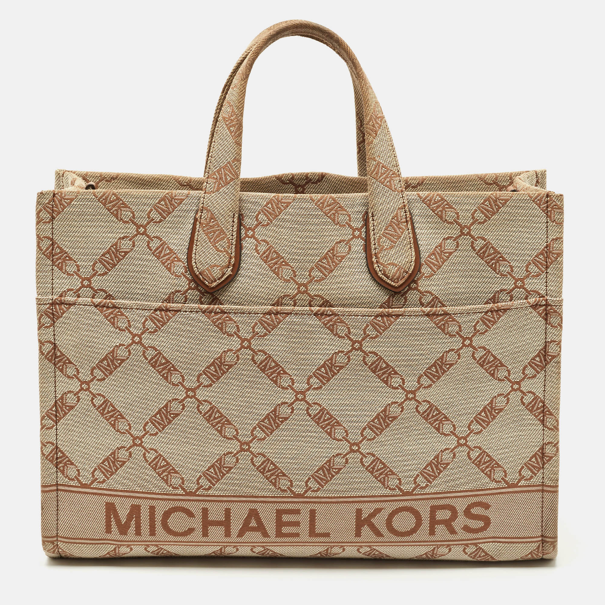 Pre-owned Michael Kors Beige/brown Logo Jacquard Canvas Large Gigi Tote In Sand
