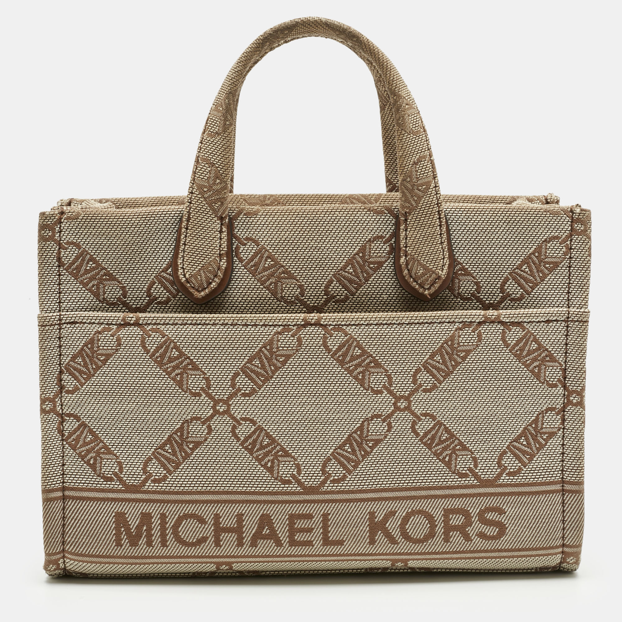Pre-owned Michael Kors Beige Empire Logo Jacquard Canvas Small Gigi Tote In Sand
