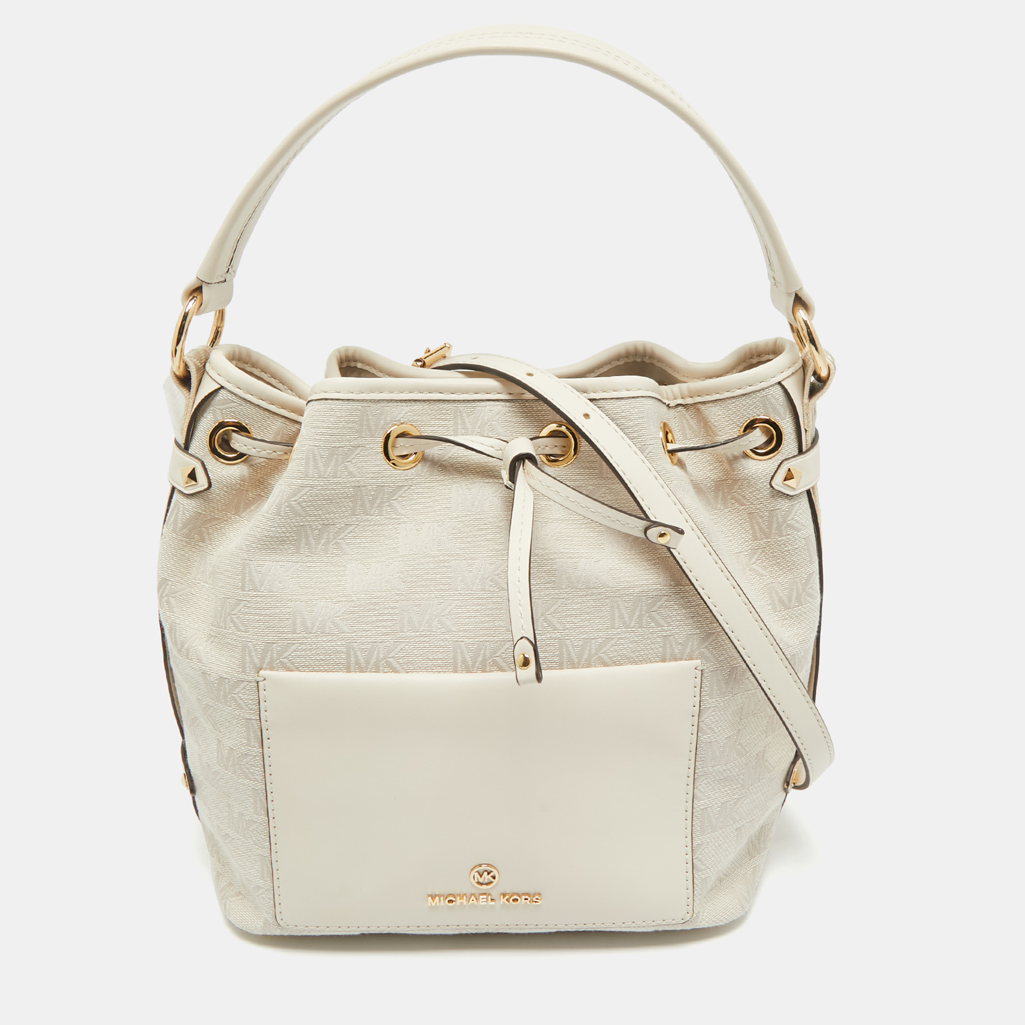 

Michael Kors Natural Logo Jacquard Canvas  Maeve Bucket Bag, White