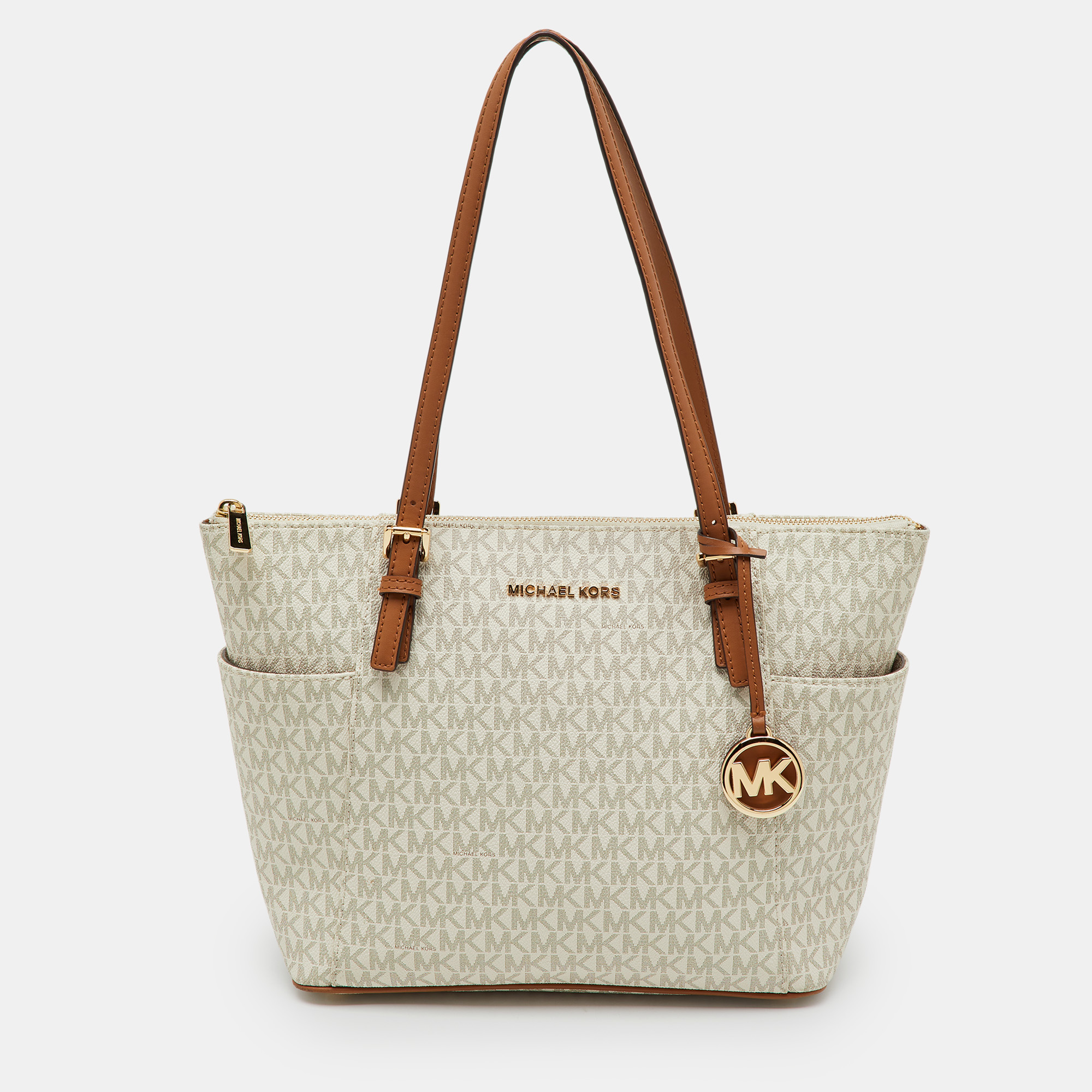 

Michael Kors White/Brown Signature Coated Canvas and Leather Charlotte Top Zip Tote