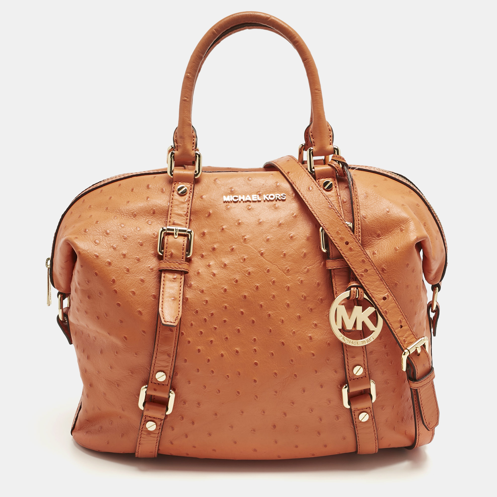 

Michael Kors Orange Ostrich Embossed Leather Bedford Belted Satchel