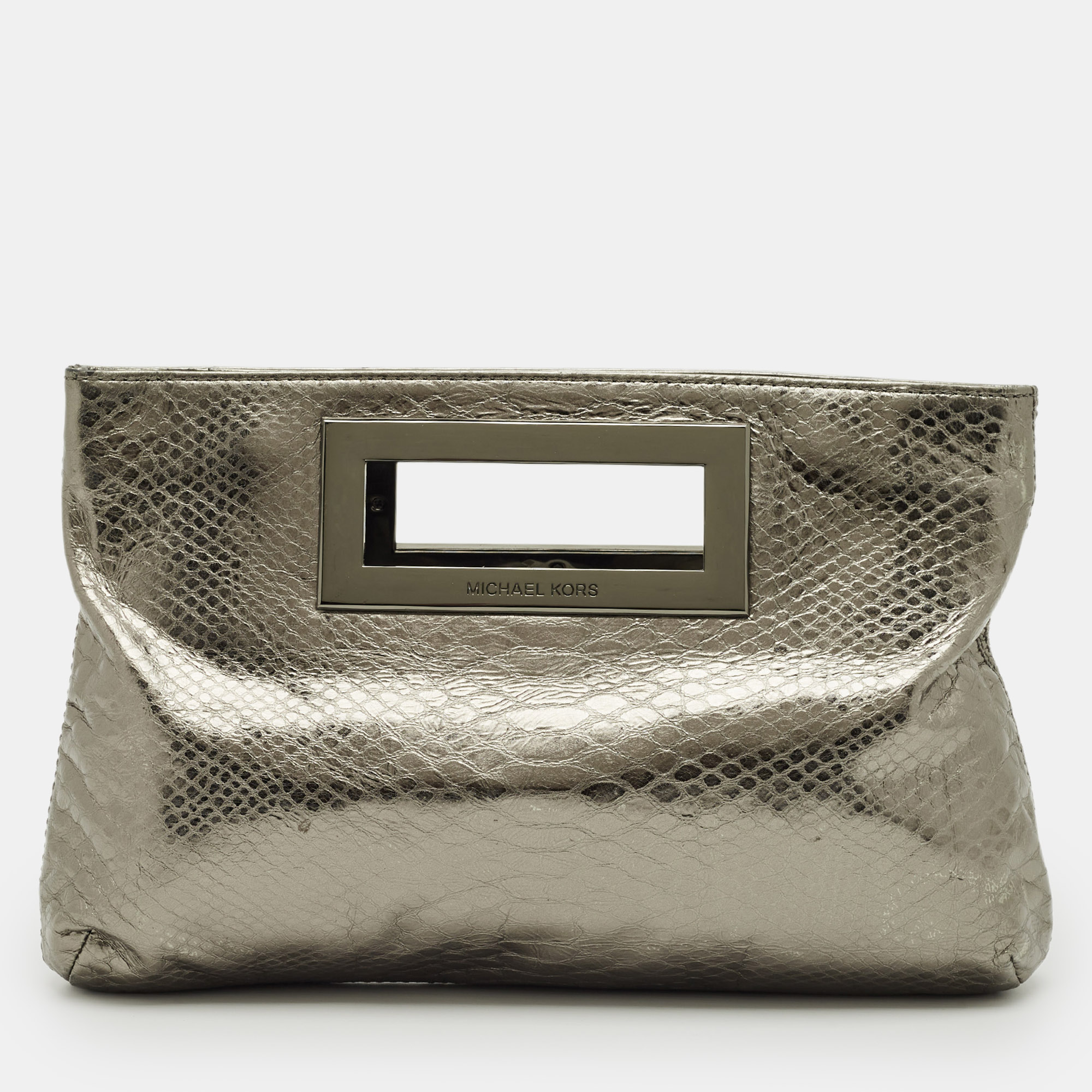 Pre-owned Michael Kors Metallic Python Embossed Leather Berkley Clutch In Silver